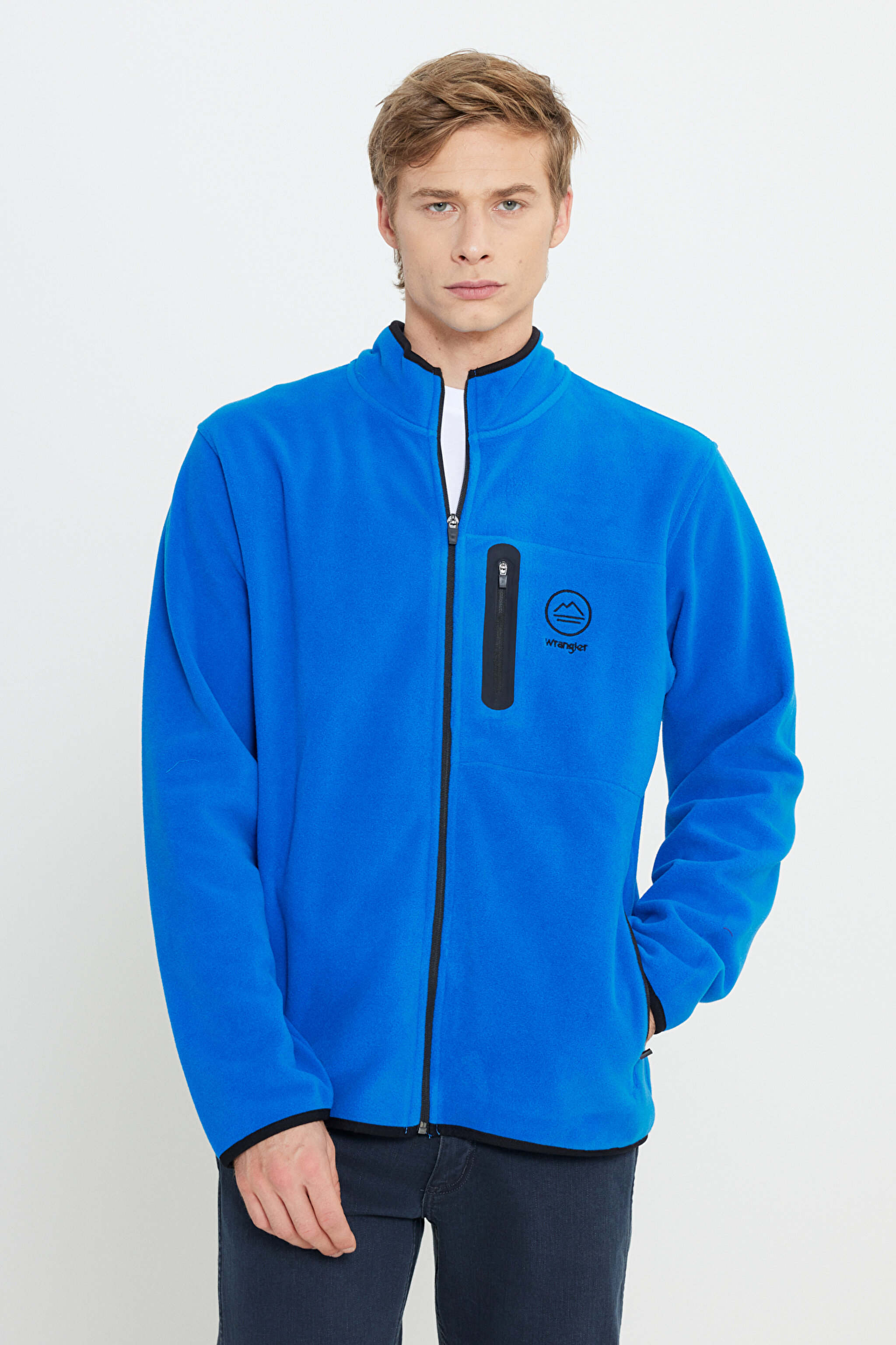 Regular Fit Normal Kesim Dik Yaka Fermuarlı Mavi Polar Ceket