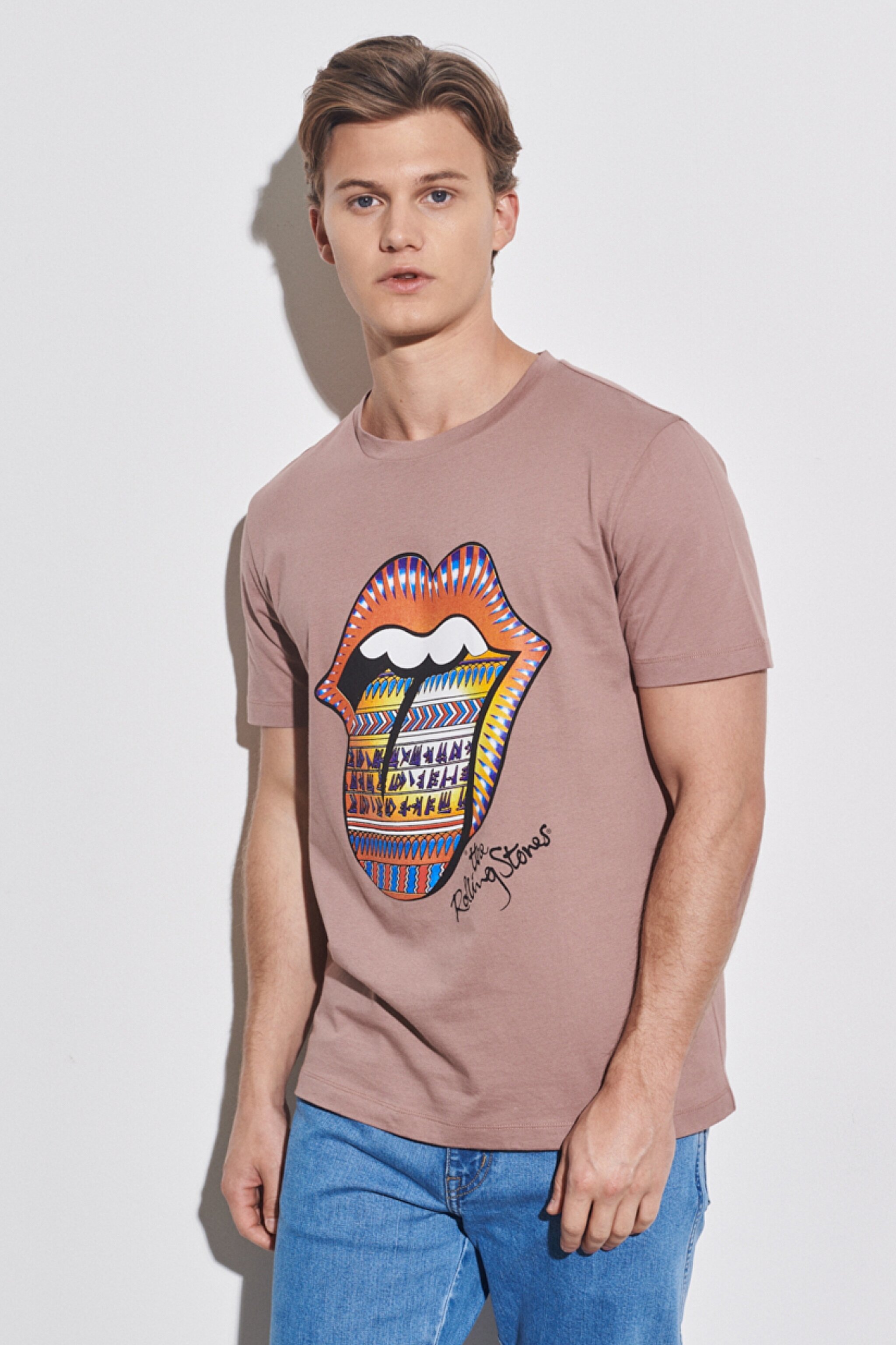 Loose Fit Rahat Kesim %100 Pamuk Bisiklet Yaka Camel Tişört - Camel-W231168211