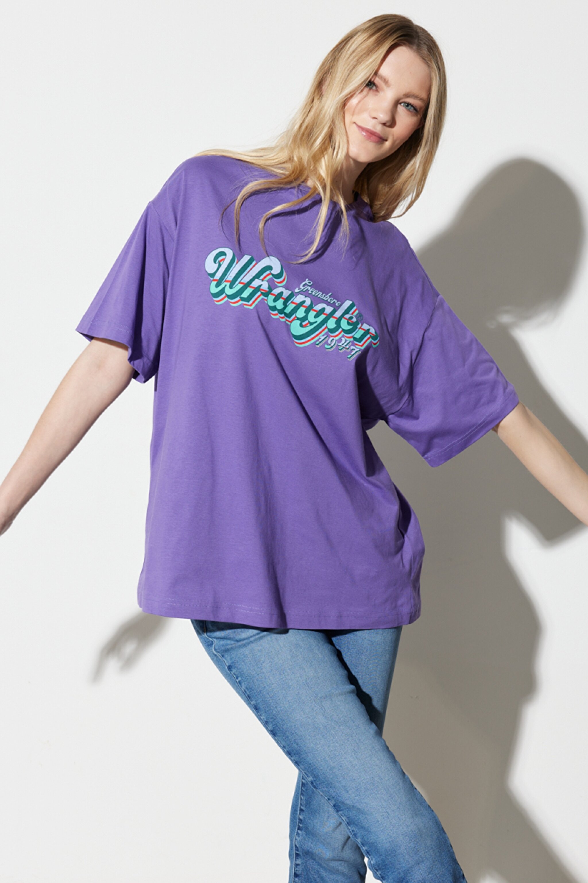 Oversize Fit Rahat Kesim %100 Pamuk Bisiklet Yaka Mor Tişört - Dark Purple-W231226495 (görsel 2)
