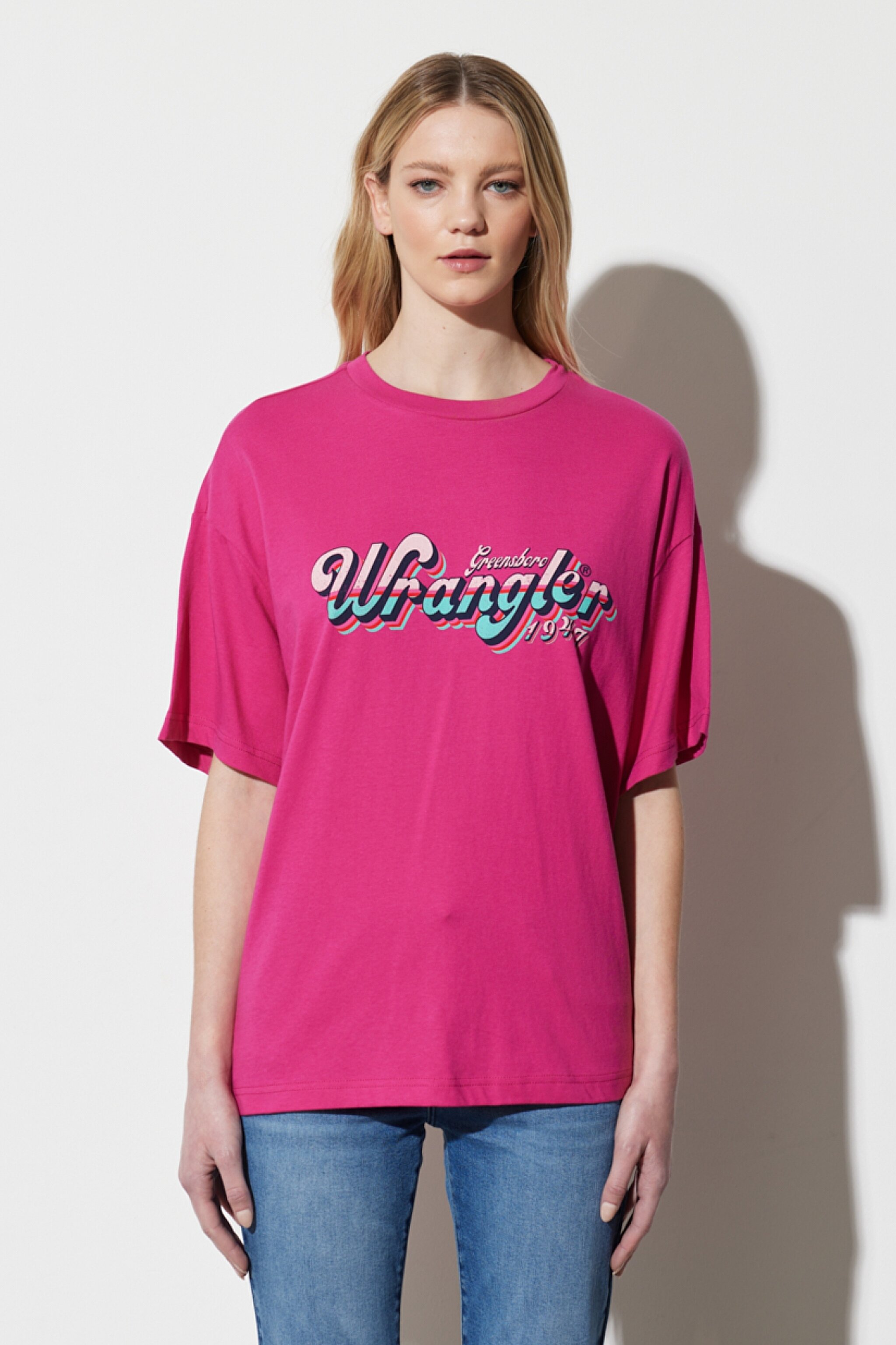 Oversize Fit Rahat Kesim %100 Pamuk Bisiklet Yaka Fuşya Tişört - Fuschia-W231226612