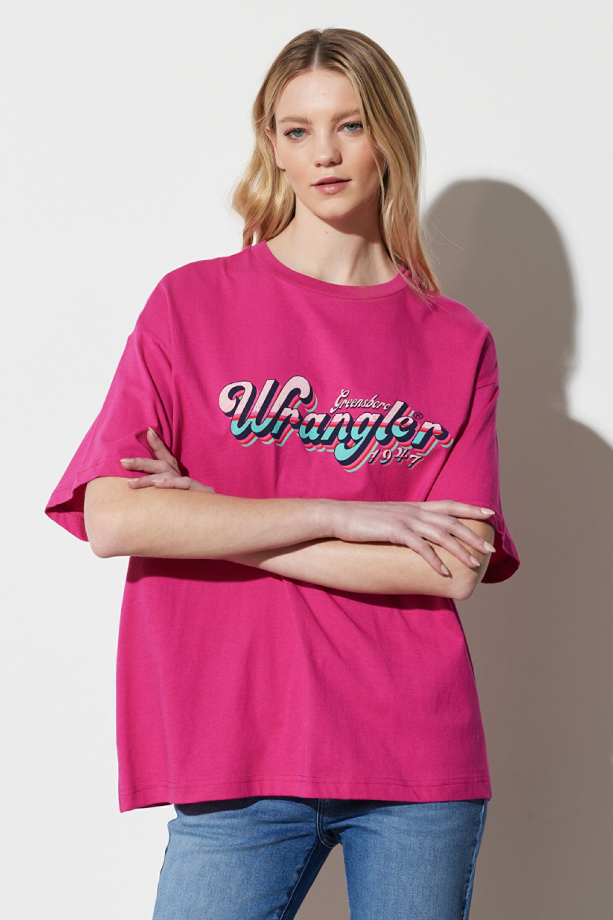 Oversize Fit Rahat Kesim %100 Pamuk Bisiklet Yaka Fuşya Tişört - Fuschia-W231226612 (görsel 2)