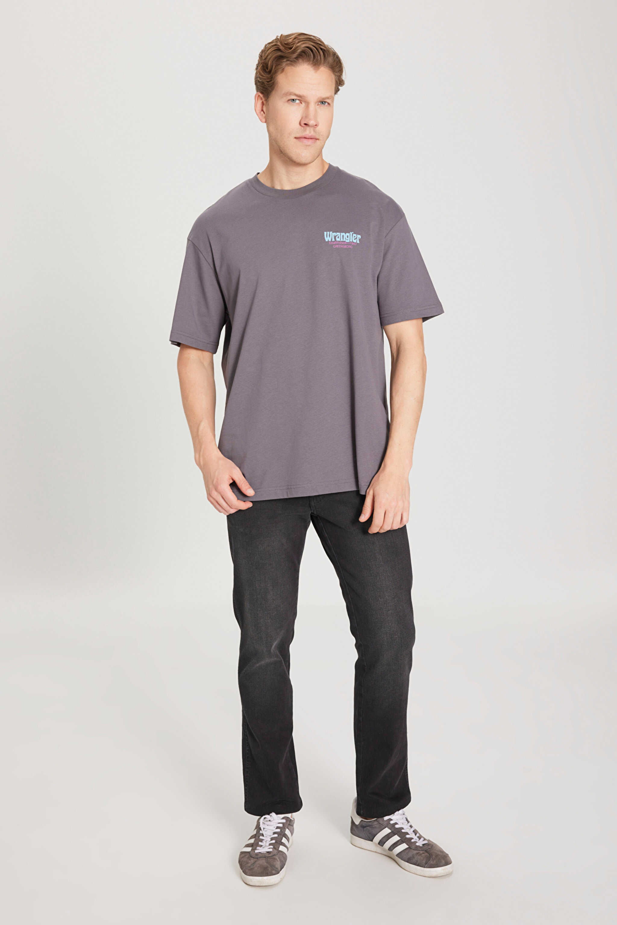 Loose Fit Rahat Kesim %100 Pamuk Bisiklet Yaka Antrasit Tişört - Anthracite-W231231003 (görsel 5)