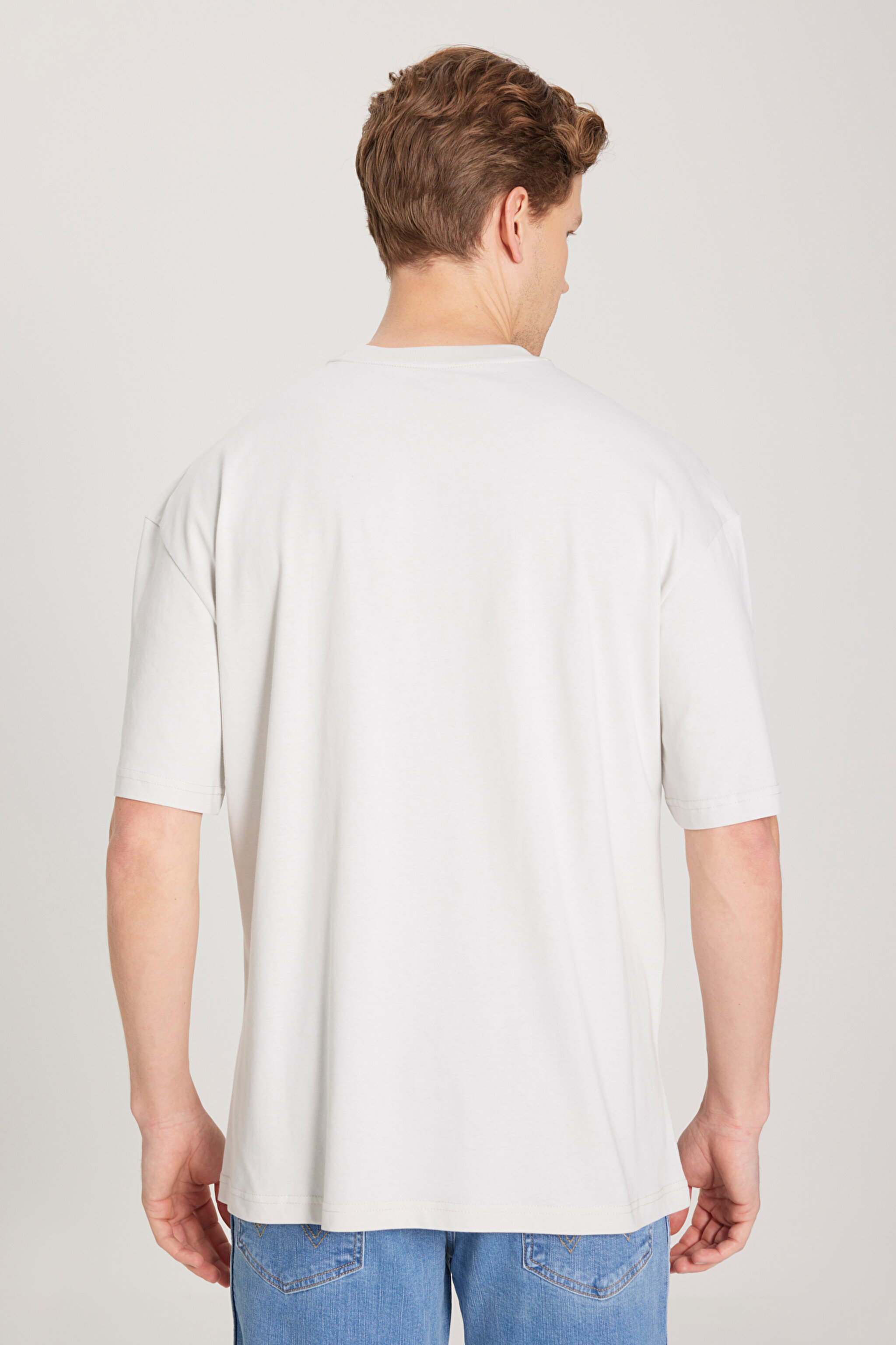 Loose Fit Rahat Kesim %100 Pamuk Bisiklet Yaka Gri Tişört - Light Stone-W231237811 (görsel 5)