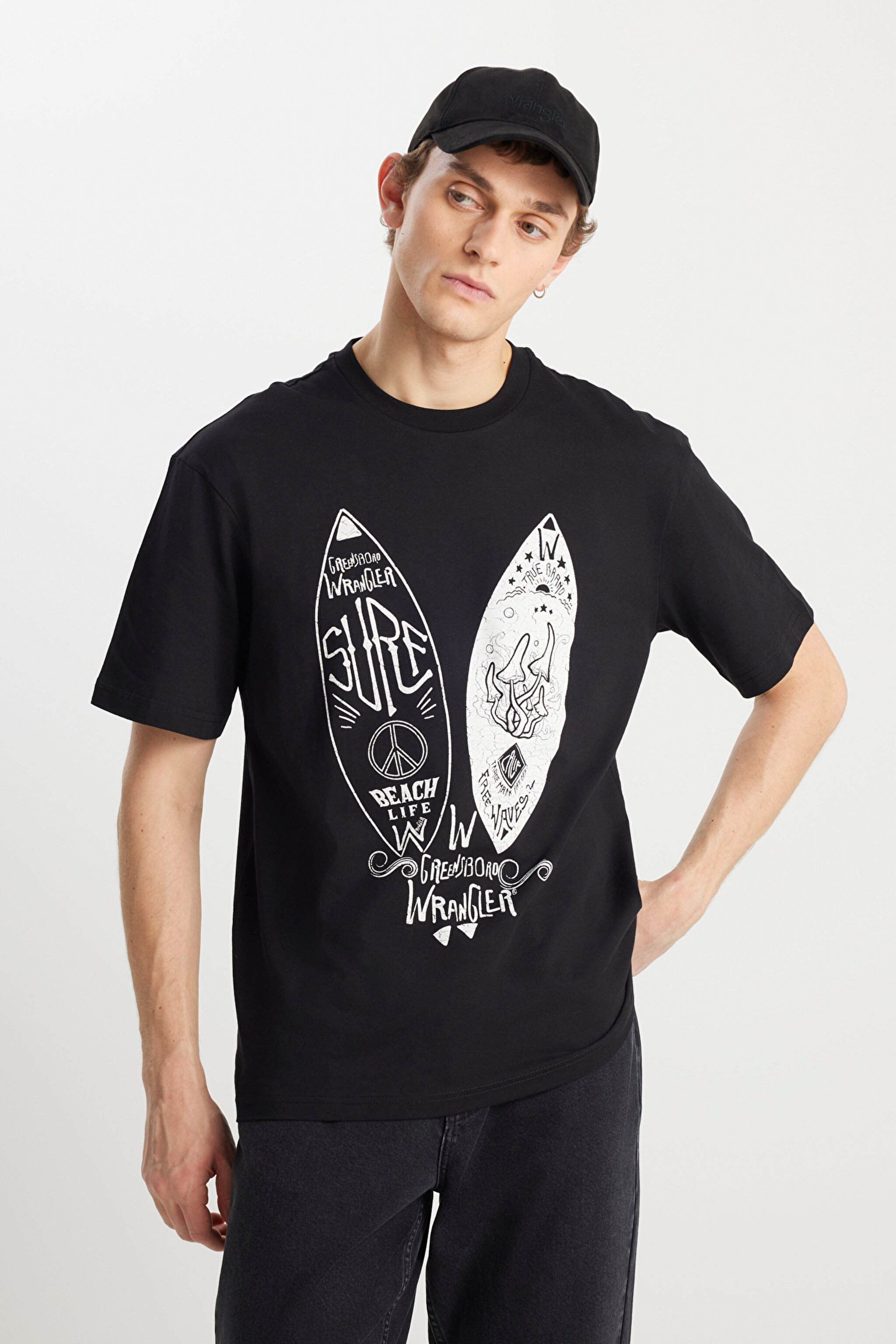 Loose Fit Rahat Kesim %100 Pamuk Bisiklet Yaka Siyah Tişört - Black-W231238001 (görsel 2)