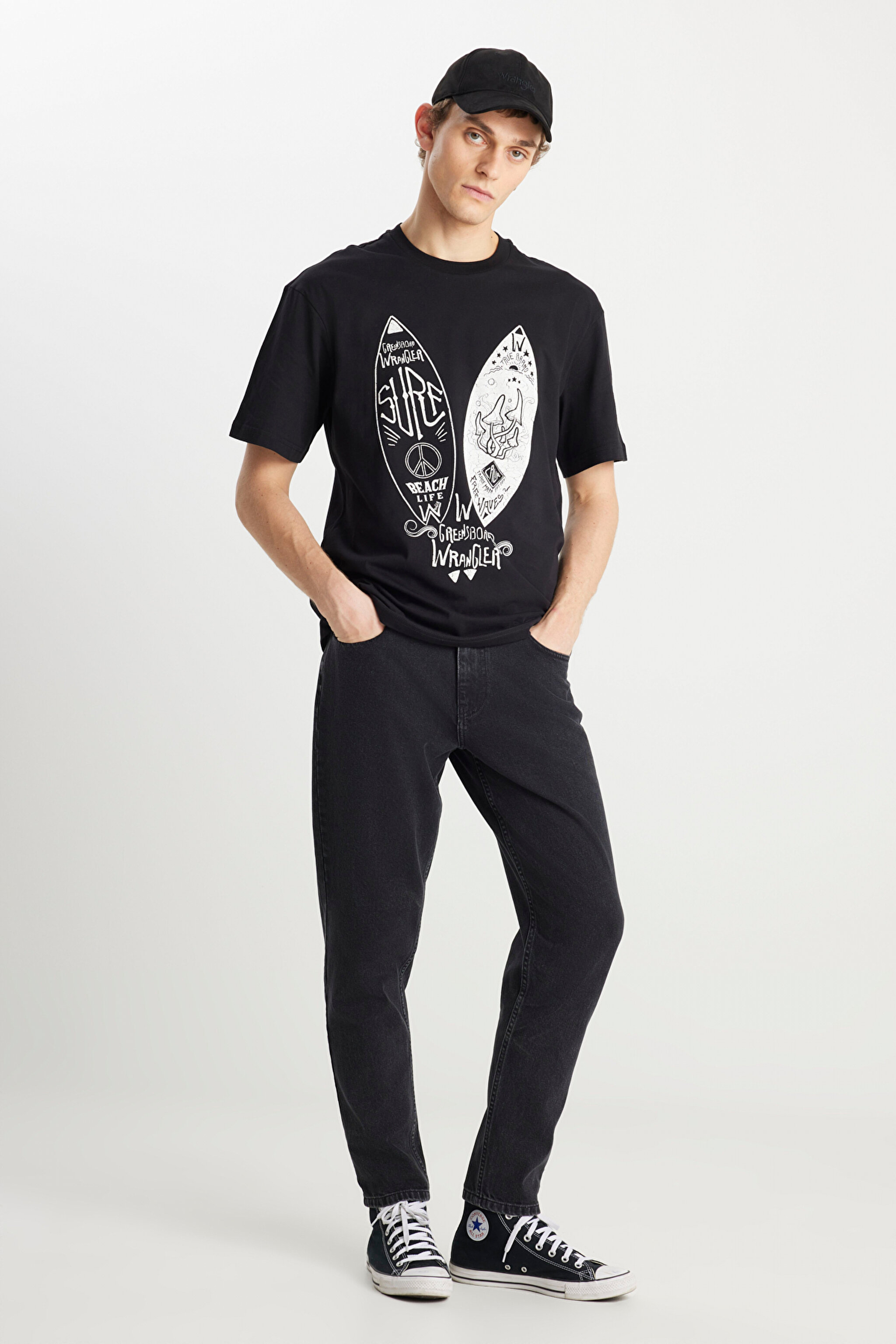 Loose Fit Rahat Kesim %100 Pamuk Bisiklet Yaka Siyah Tişört - Black-W231238001 (görsel 3)