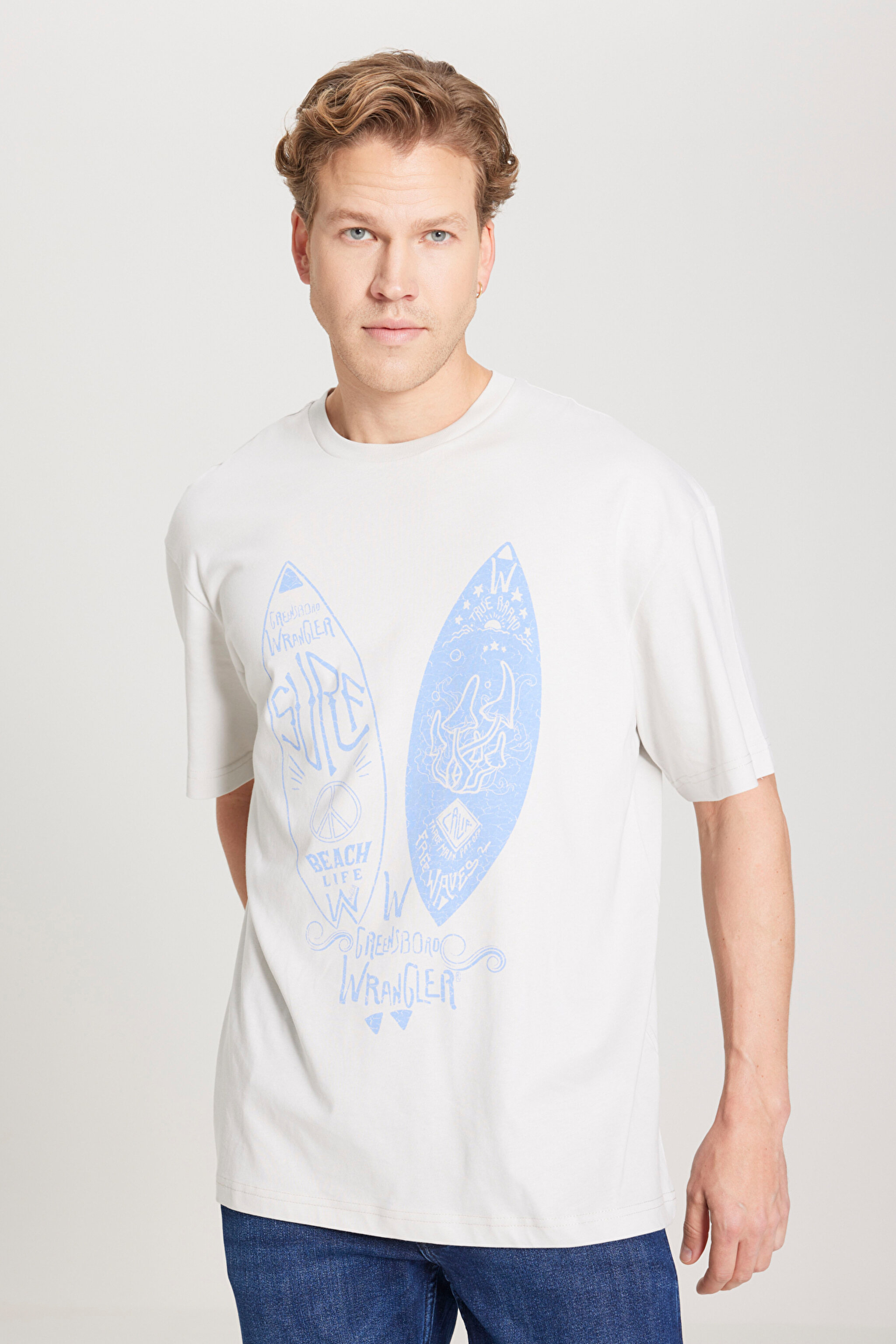 Loose Fit Rahat Kesim %100 Pamuk Bisiklet Yaka Gri Tişört - Light Stone-W231238811