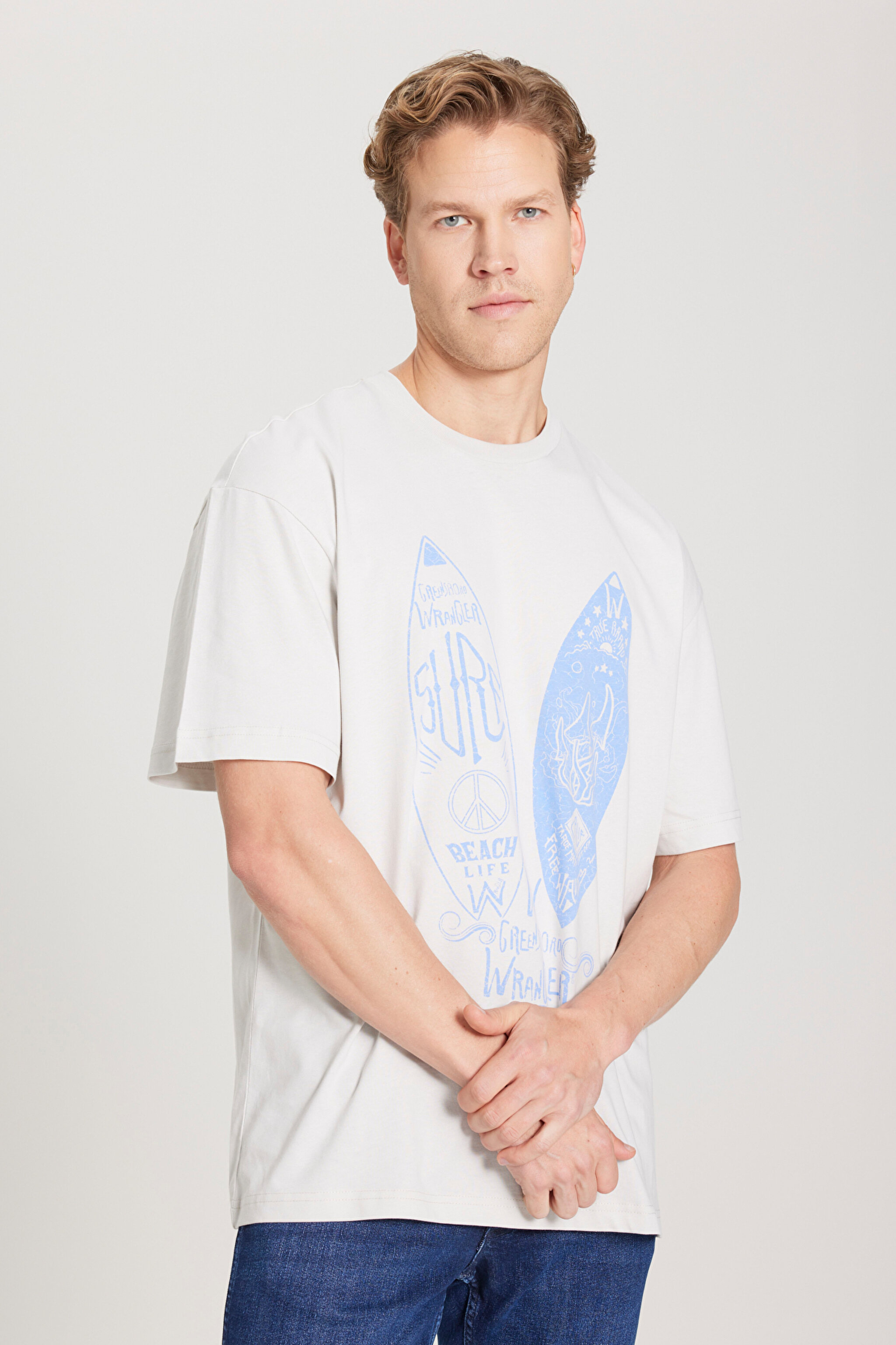 Loose Fit Rahat Kesim %100 Pamuk Bisiklet Yaka Gri Tişört - Light Stone-W231238811 (görsel 2)