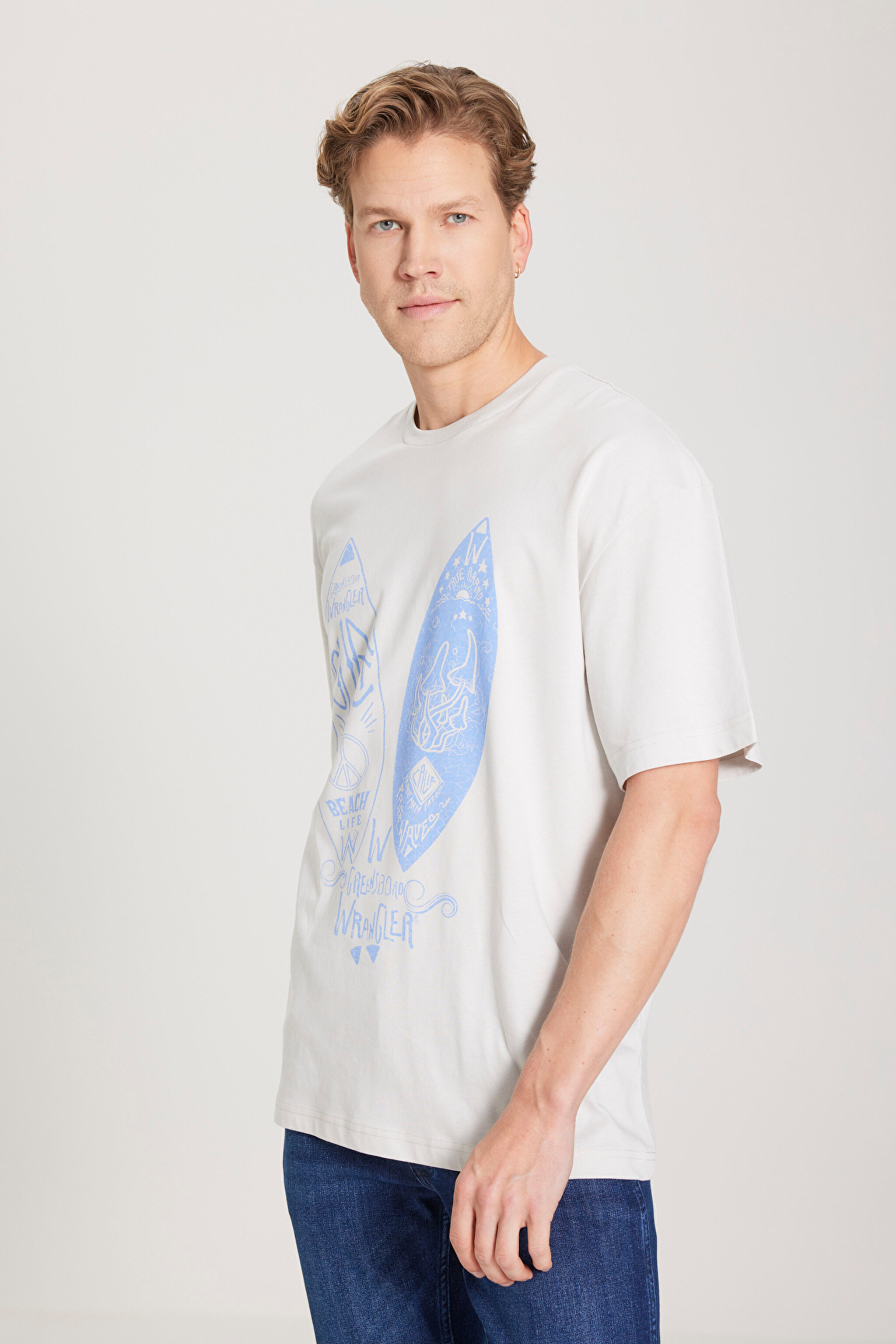 Loose Fit Rahat Kesim %100 Pamuk Bisiklet Yaka Gri Tişört - Light Stone-W231238811 (görsel 3)