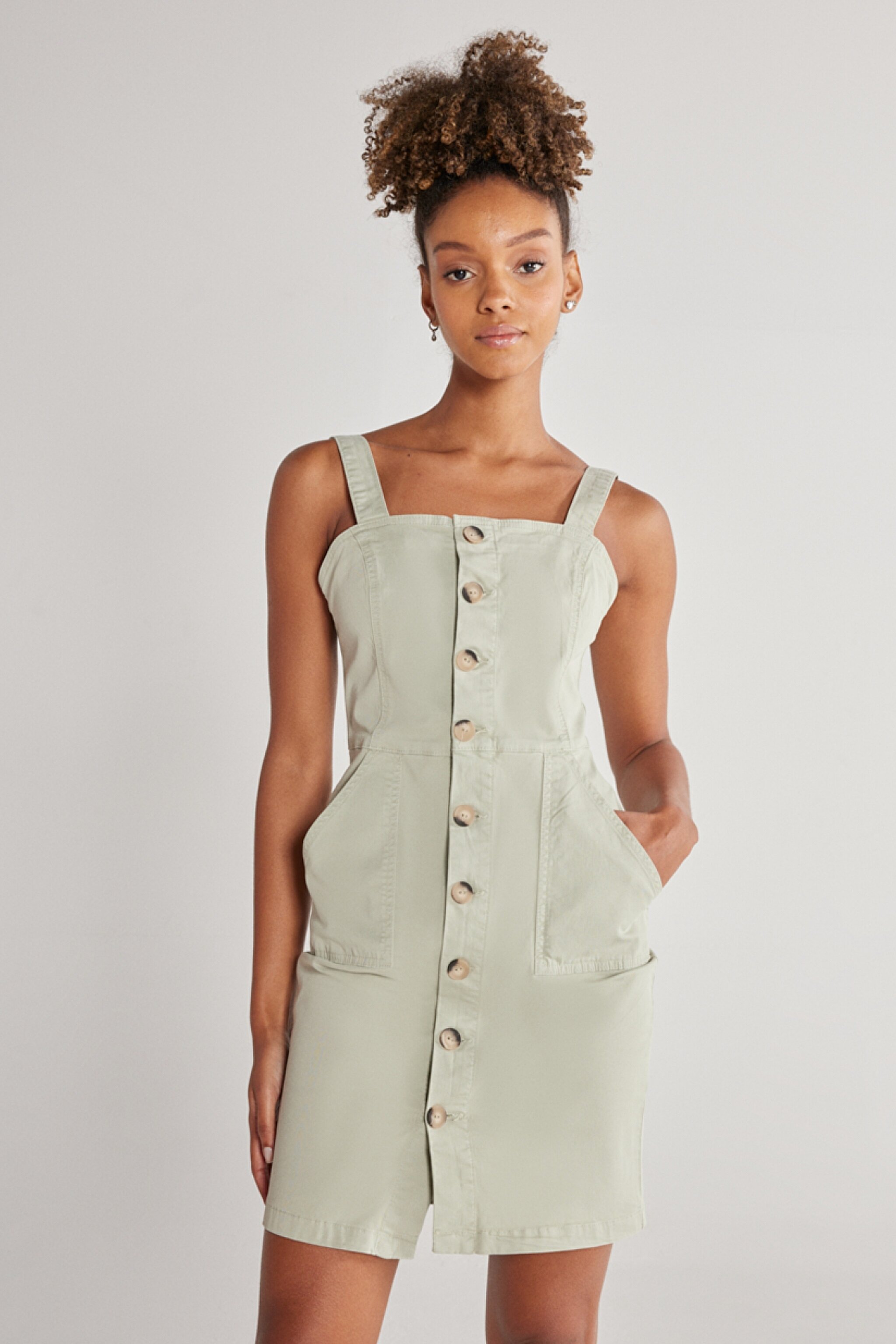 Regular Fit Normal Kesim Kolsuz Haki Esnek Jean Kot Elbise - Khaki-W231285801 (görsel 3)