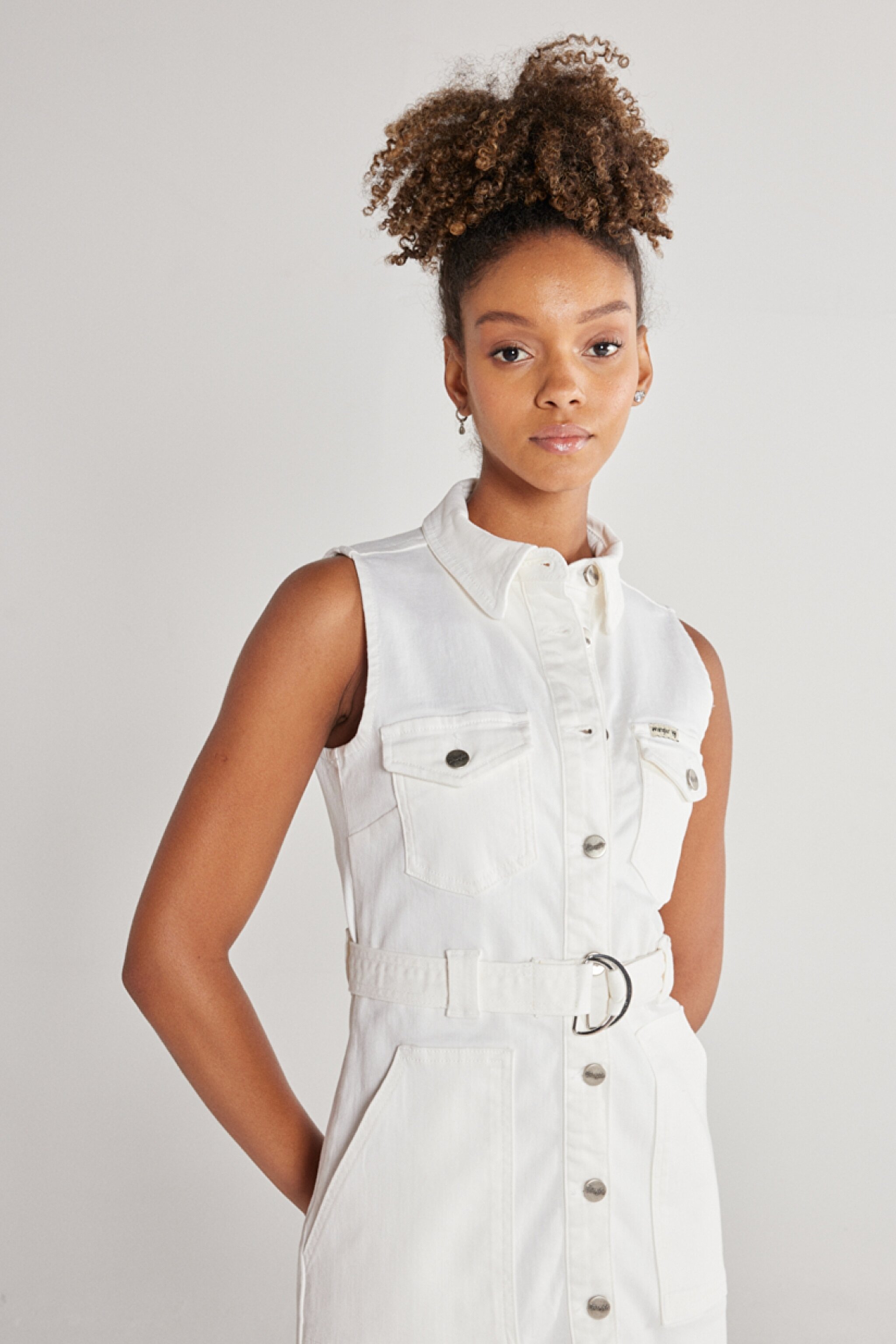 Regular Fit Normal Kesim Kolsuz Beyaz Jean Kot Elbise - Off White-W231290102 (görsel 4)
