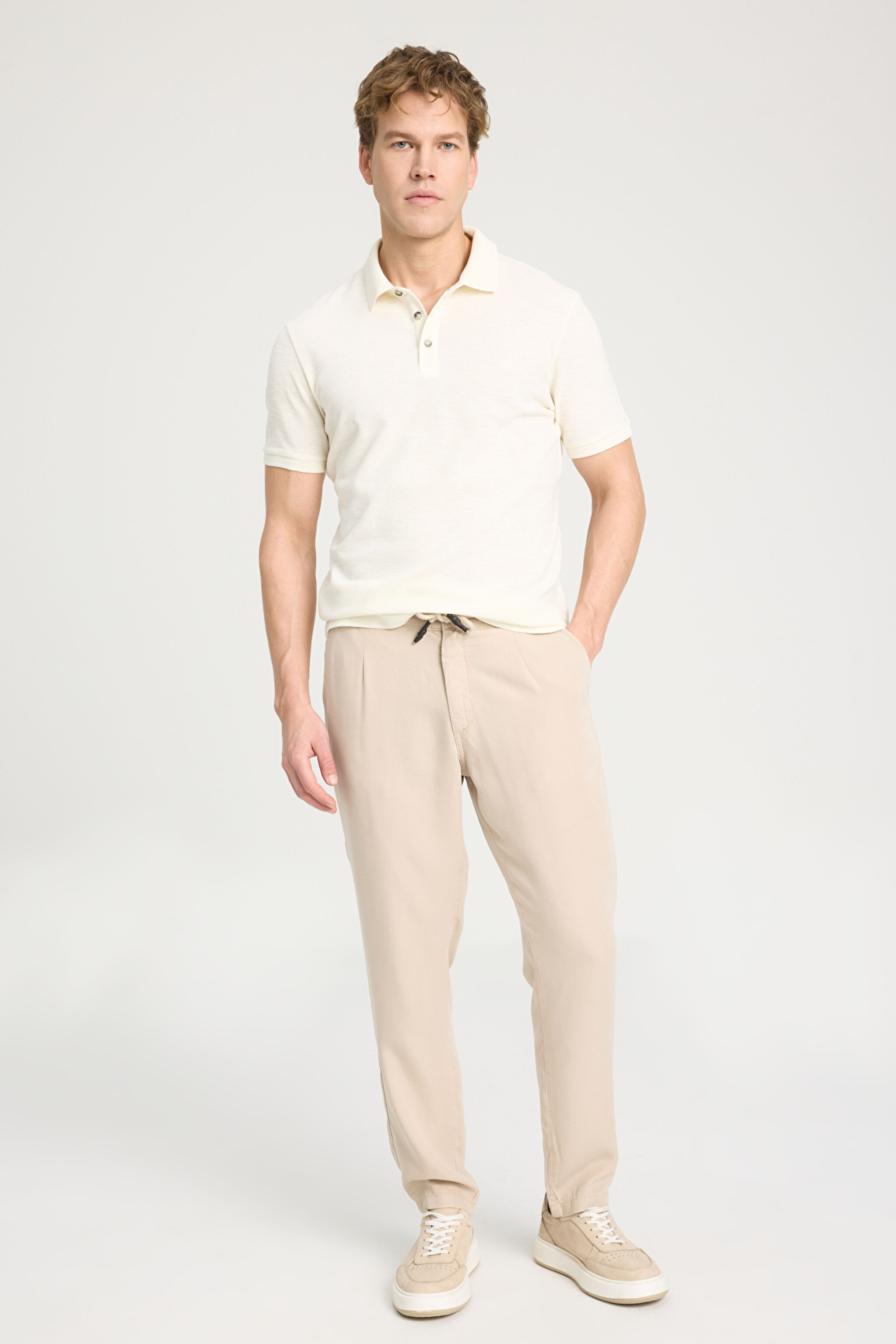 Regular Fit Normal Kesim %100 Pamuk Polo Yaka Ekru Tişört - Ecru-W231325104 (görsel 3)