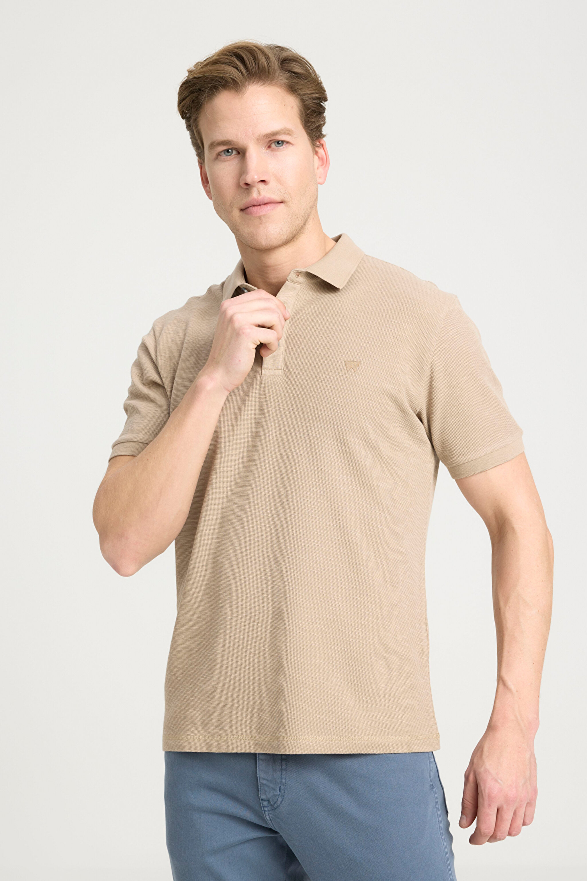 Regular Fit Normal Kesim %100 Pamuk Polo Yaka Bej Tişört