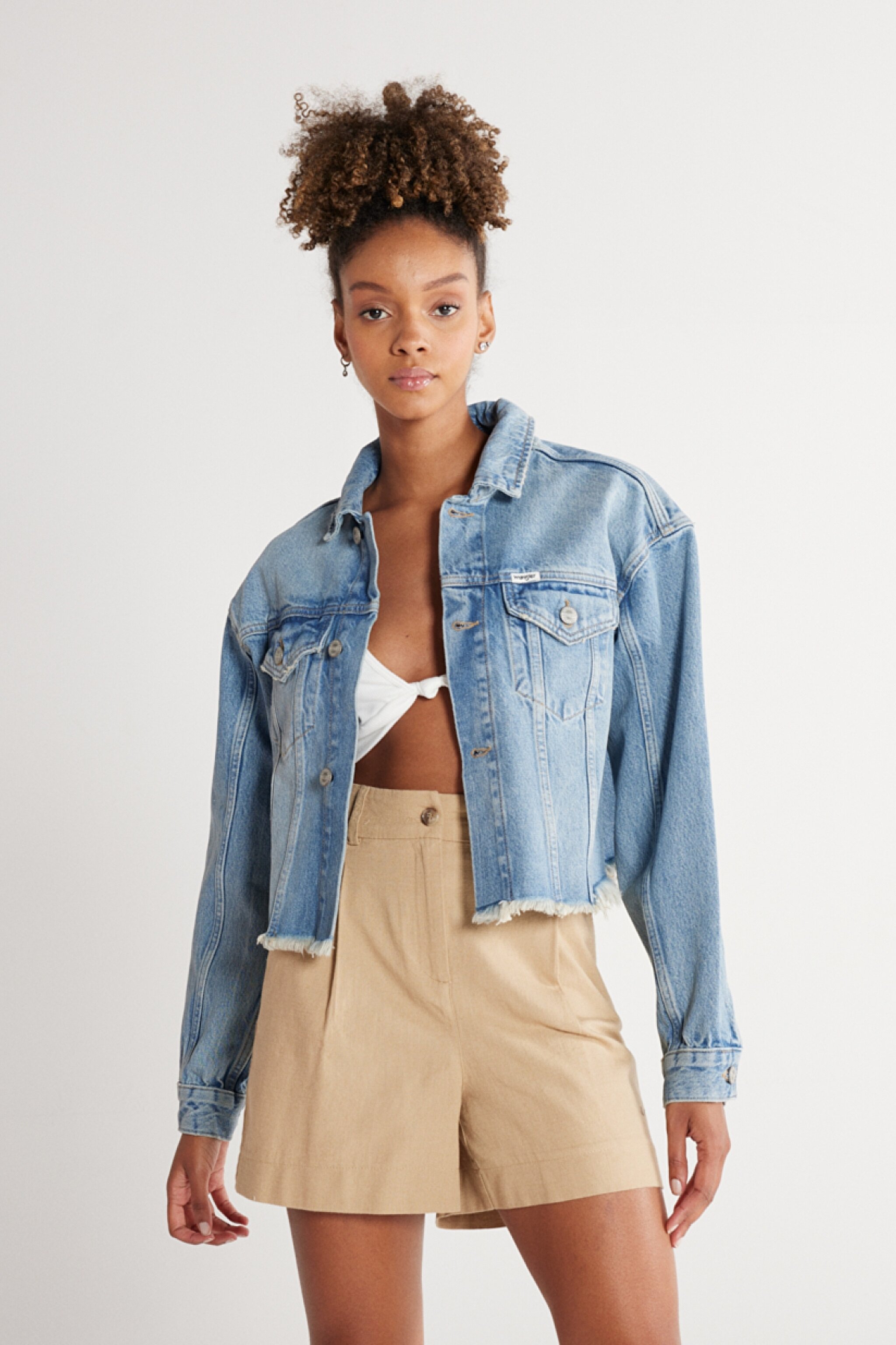 Regular Fit Normal Kesim Mavi Esnek Crop Jean Kot Ceket - Mid Blue-W231349XT
