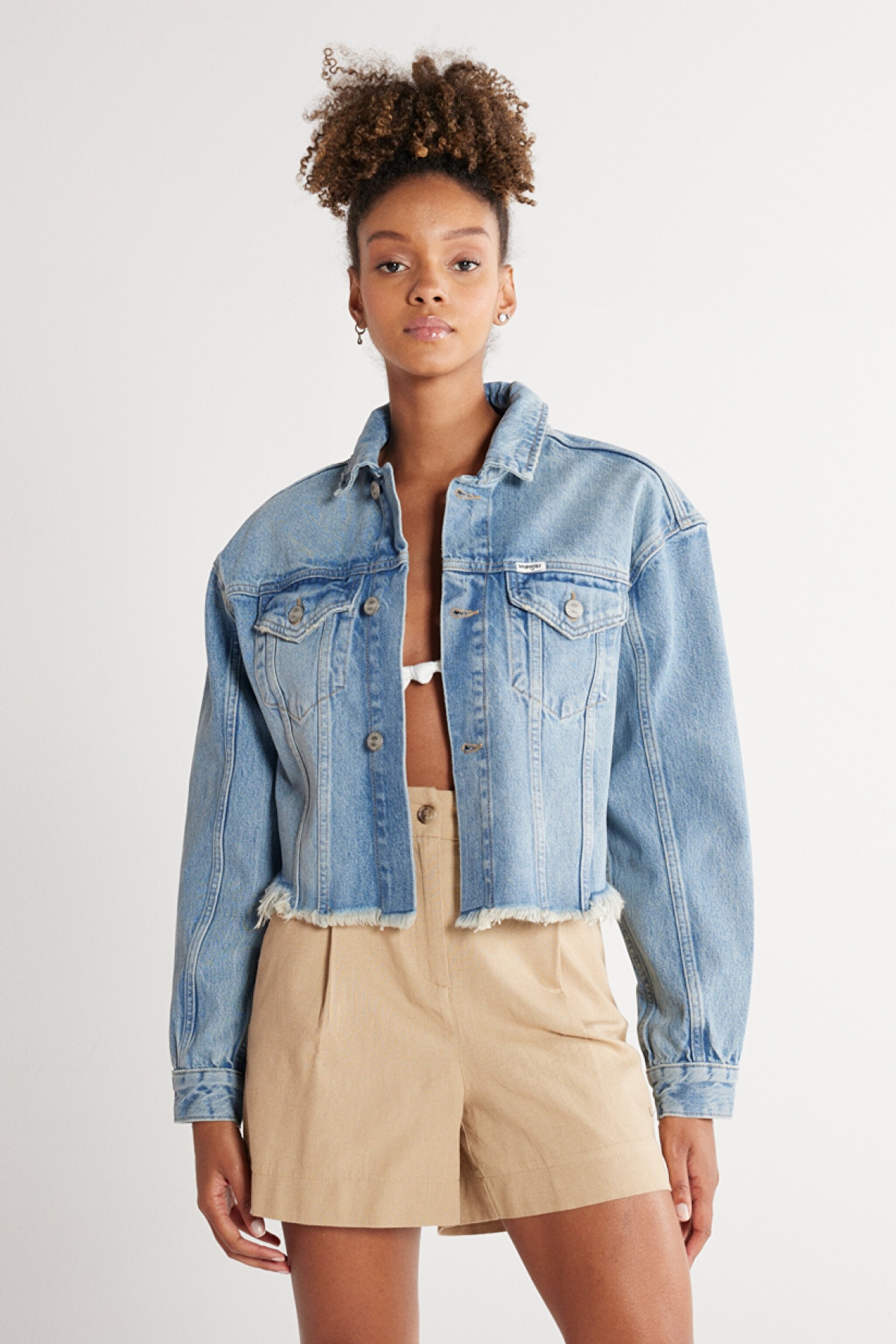 Regular Fit Normal Kesim Mavi Esnek Crop Jean Kot Ceket - Mid Blue-W231349XT (görsel 2)