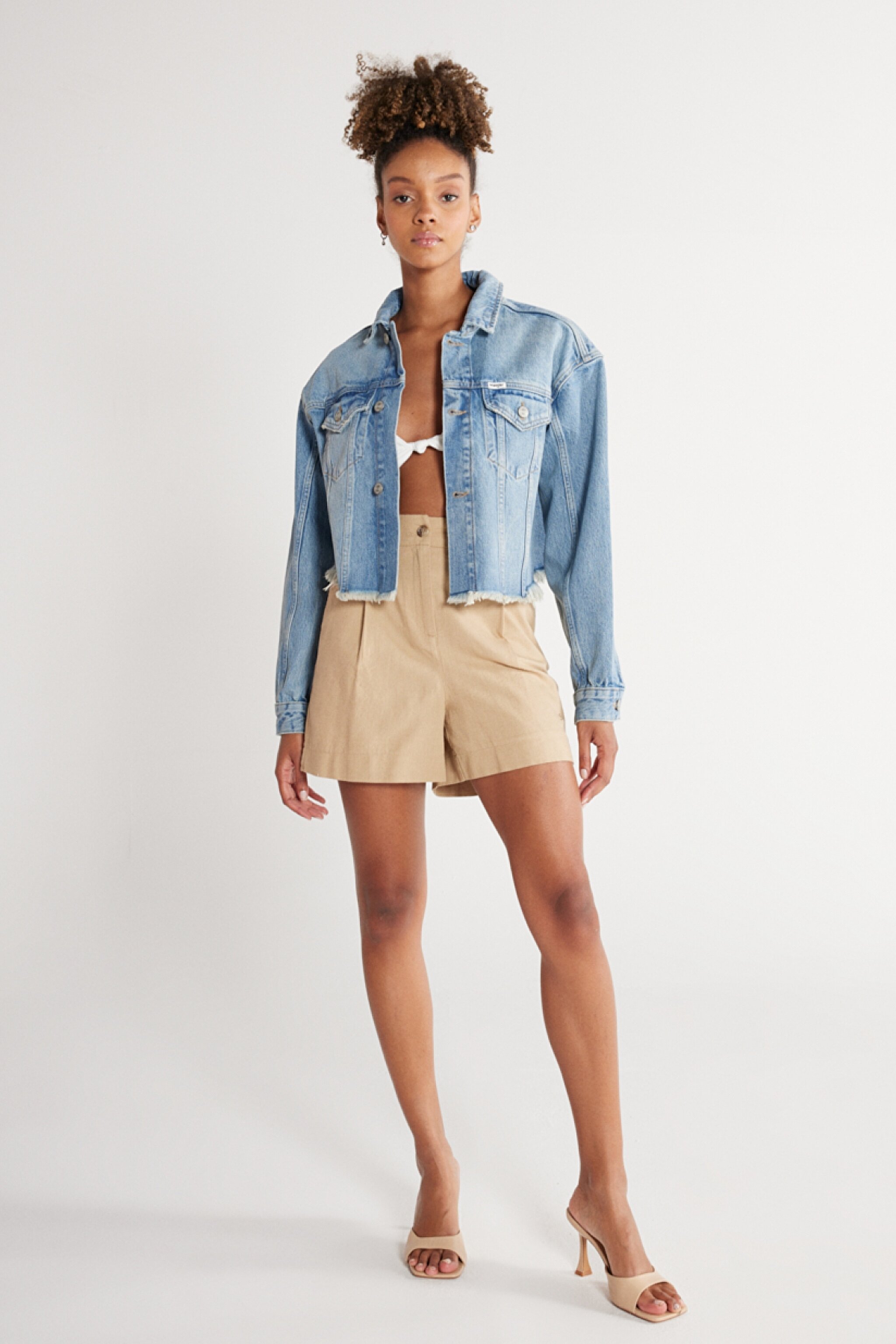 Regular Fit Normal Kesim Mavi Esnek Crop Jean Kot Ceket - Mid Blue-W231349XT (görsel 7)