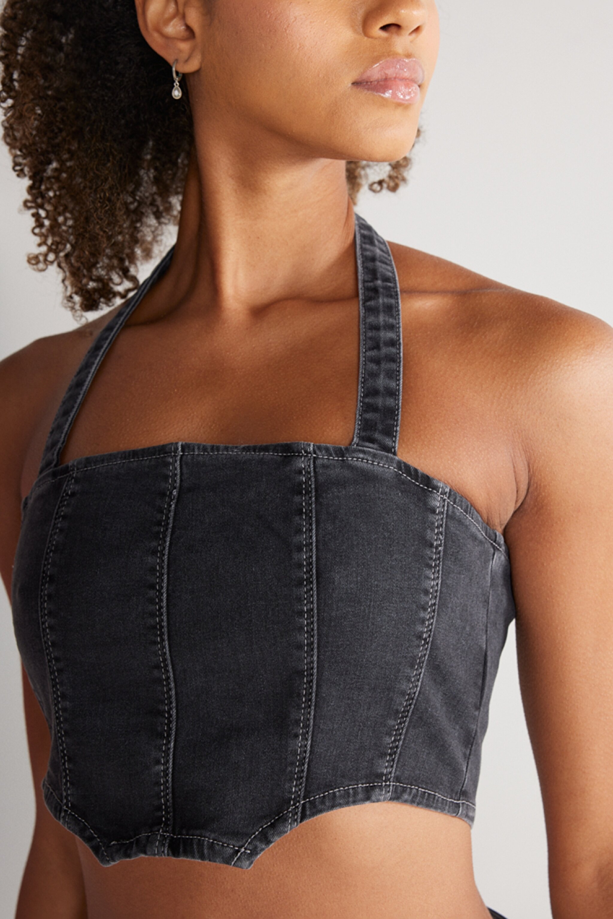 Regular Fit Normal Kesim Düz Yaka Siyah Jean Crop Bluz - Black-W231626001 (görsel 6)