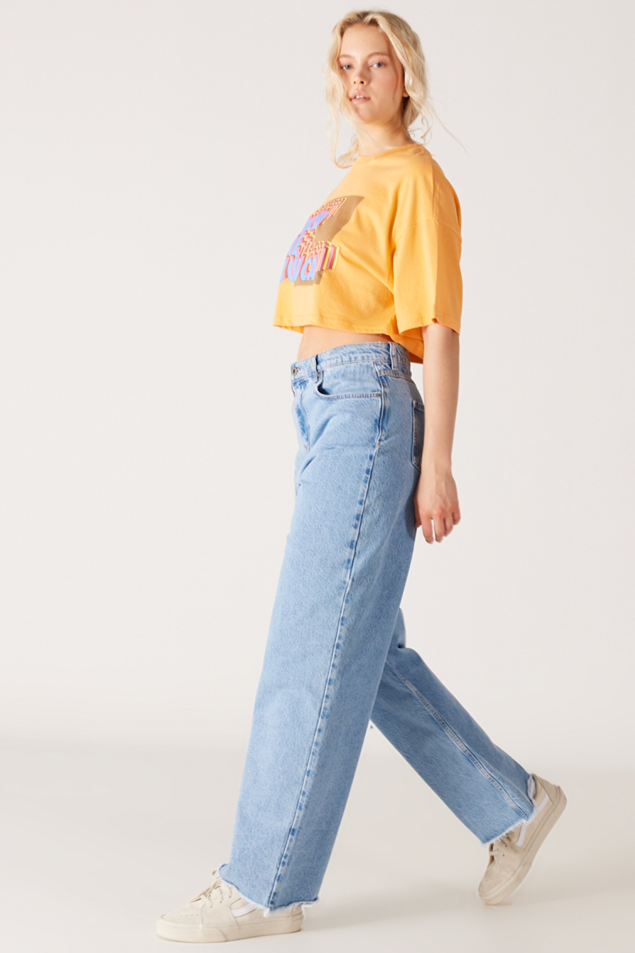 Wide Leg Fit Normal Bel Geniş Paça Açık Mavi Jean Kot Pantolon - Light Blue-W231629404 (görsel 4)