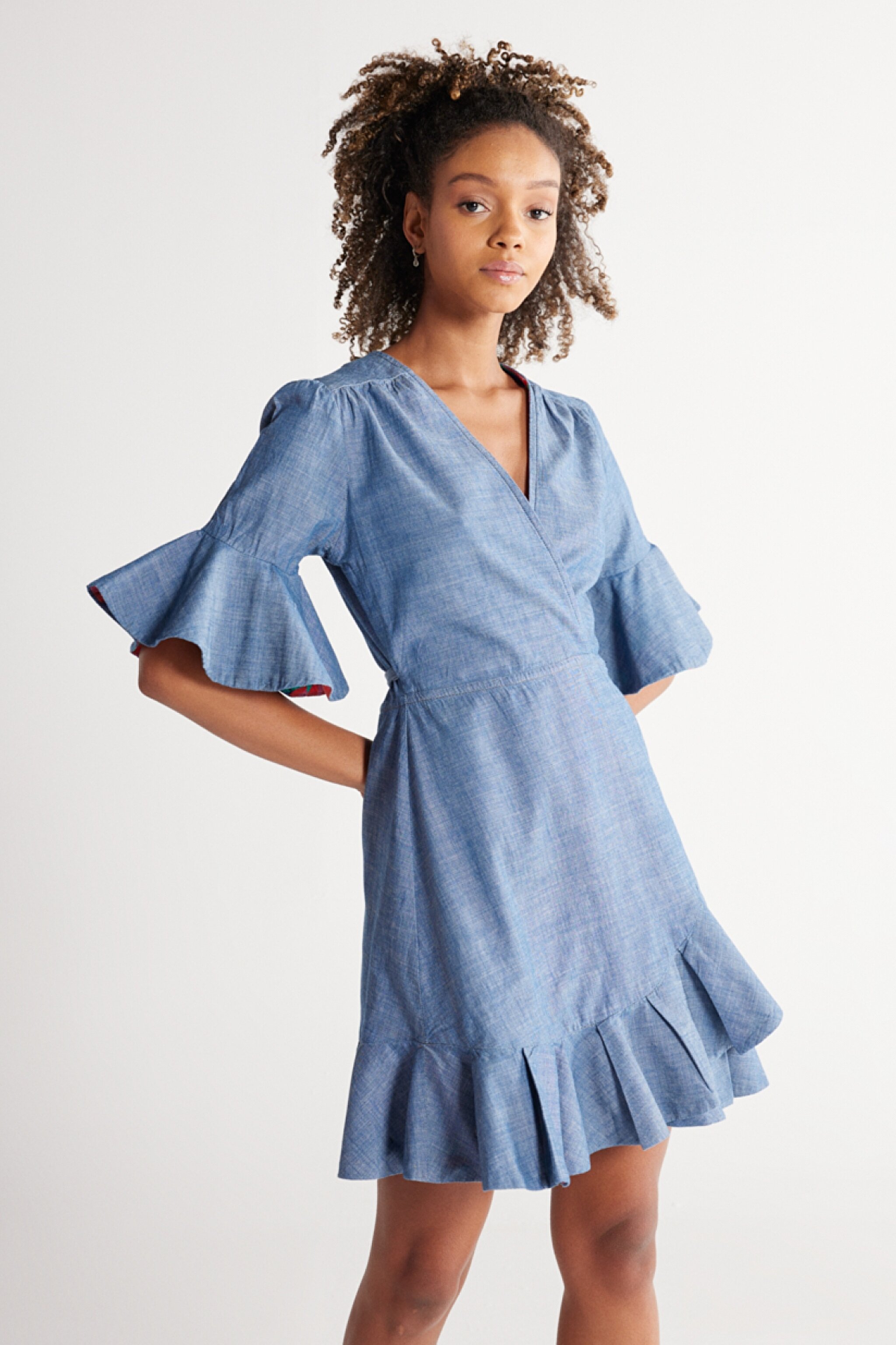 Regular Fit Normal Kesim %100 Pamuk V Yaka Jean Kot Kısa Elbise - Light Blue-W231637404