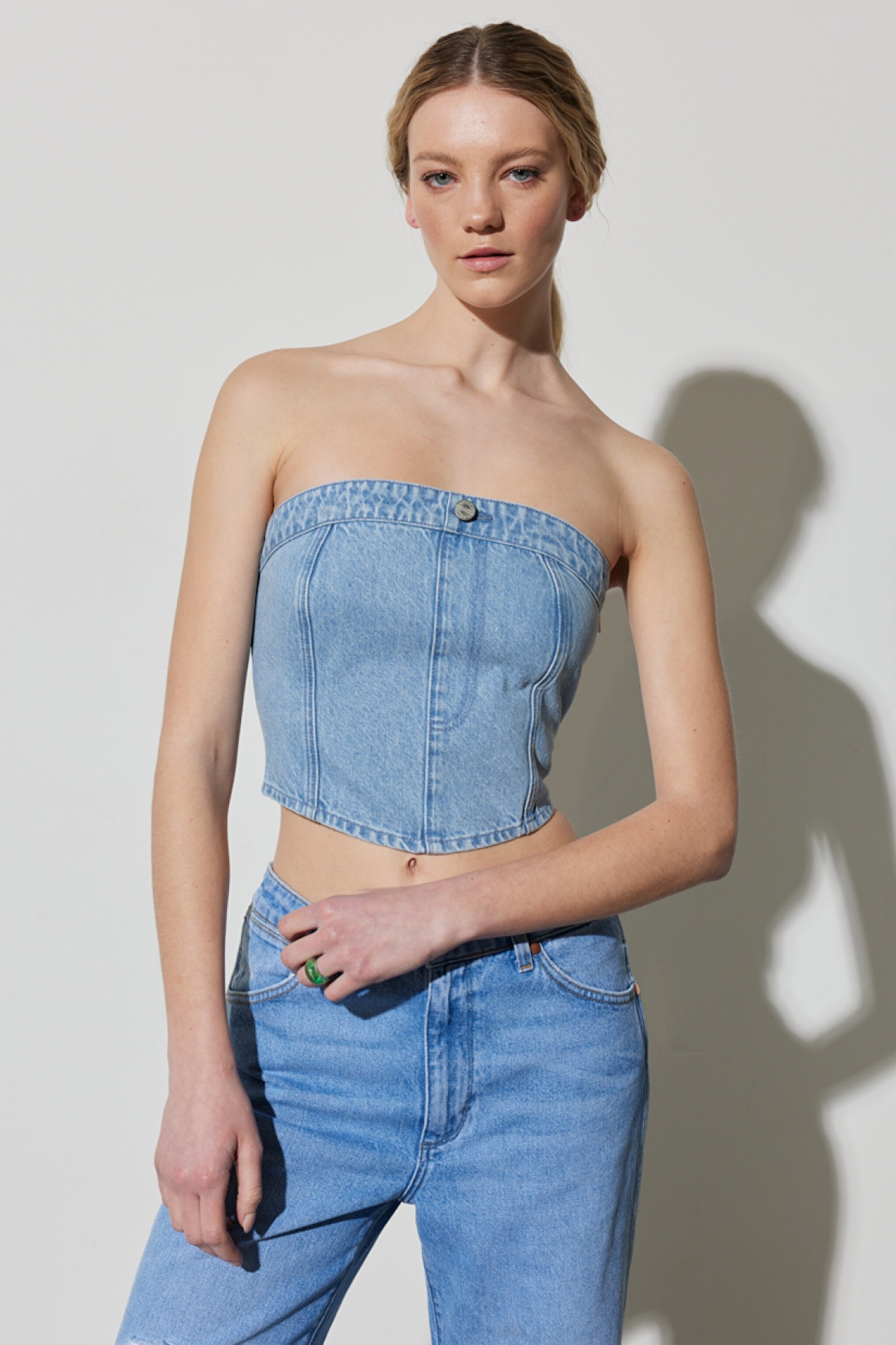 Slim Fit Dar Kesim %100 Pamuk Kolsuz Crop Jean Kot Bluz