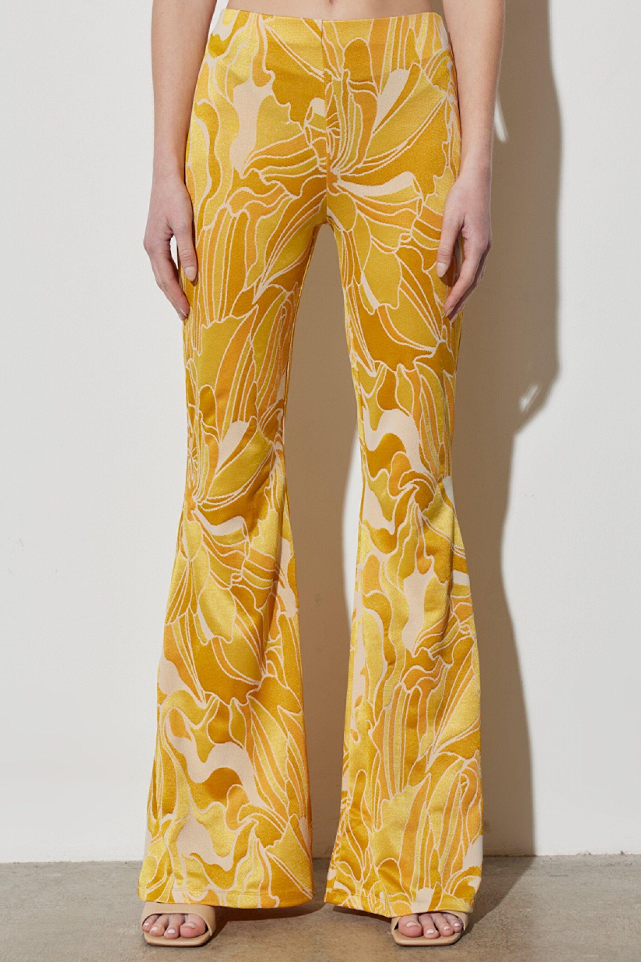Flare Fit Yüksek Bel İspanyol Paça Desenli Sarı Esnek Pantolon - Yellow-W231665200