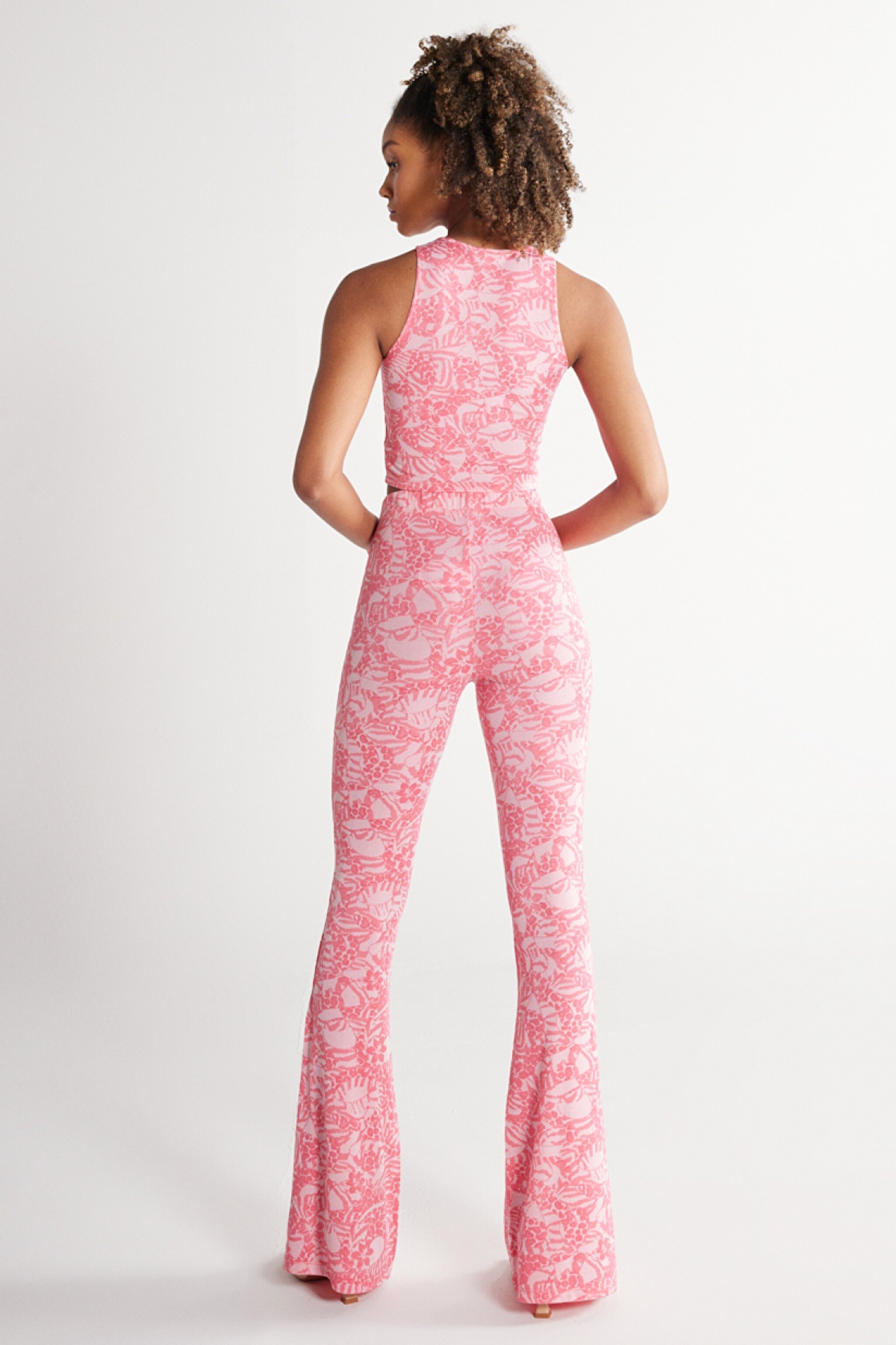 Flare Fit Yüksek Bel İspanyol Paça Pembe Desenli Pantolon - Pink-W231666611 (görsel 6)