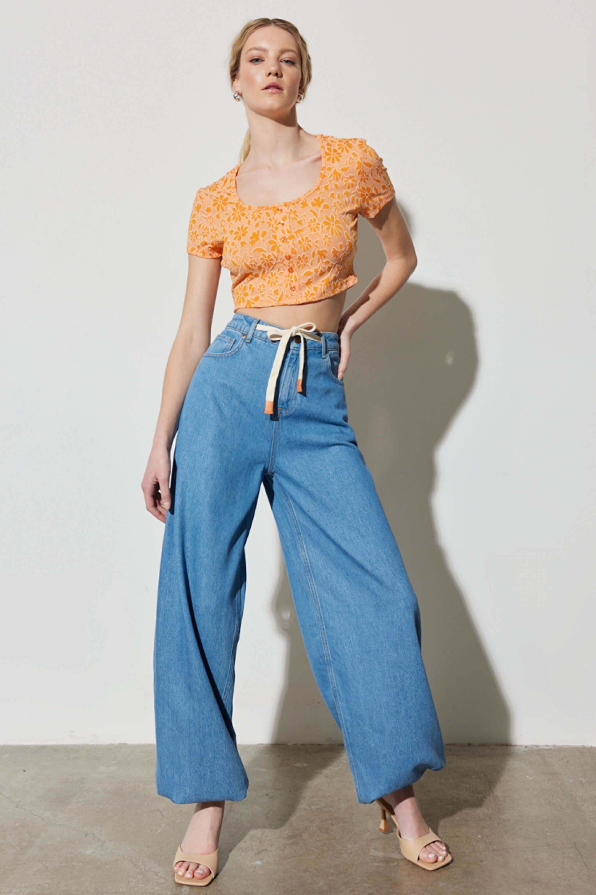 Regular Fit Normal Kesim Bisiklet Yaka Turuncu Crop Bluz - Orange-W231674700 (görsel 6)