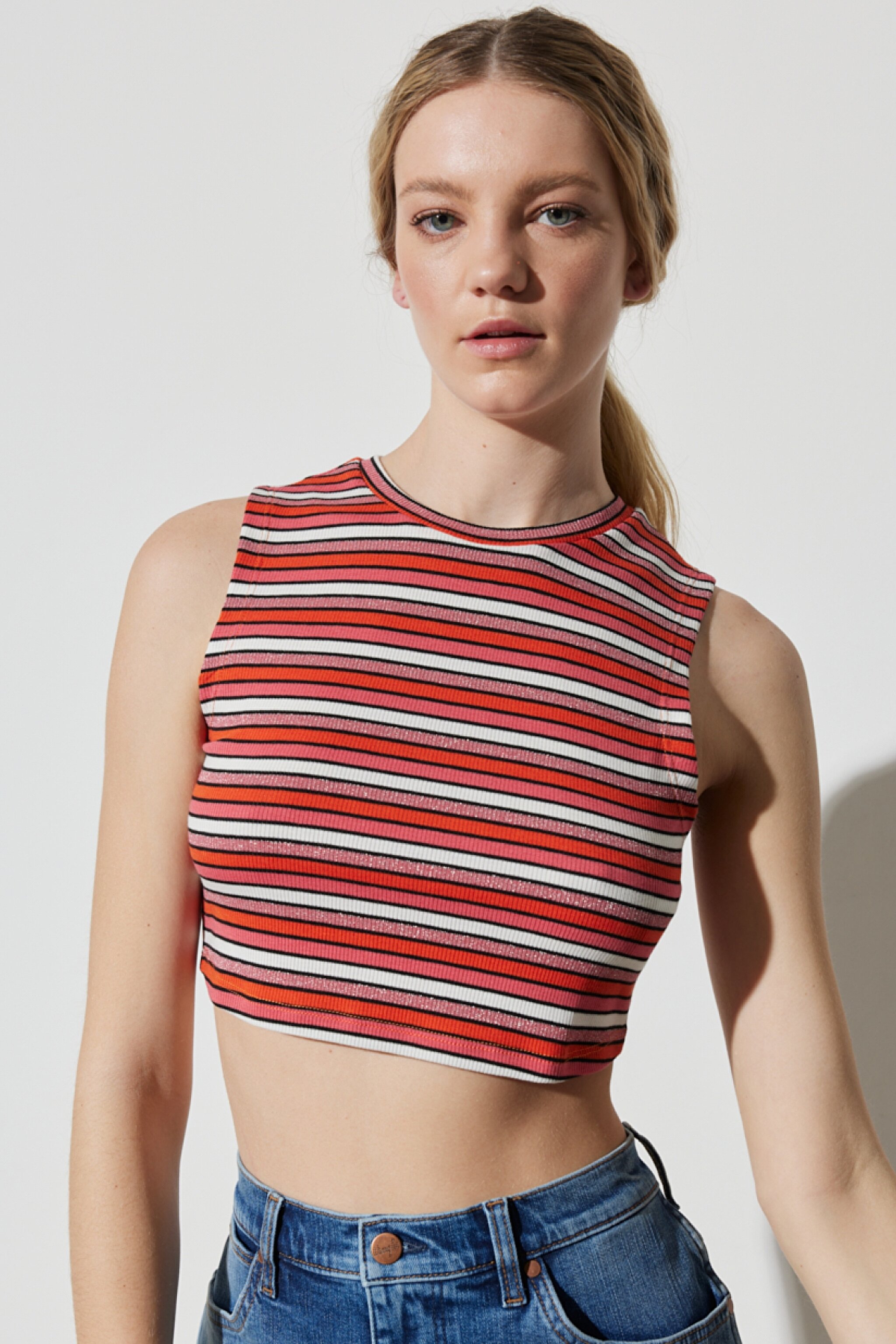 Regular Fit Normal Kesim Bisiklet Yaka Kolsuz Çizgili Crop Bluz - Multi-W231676900