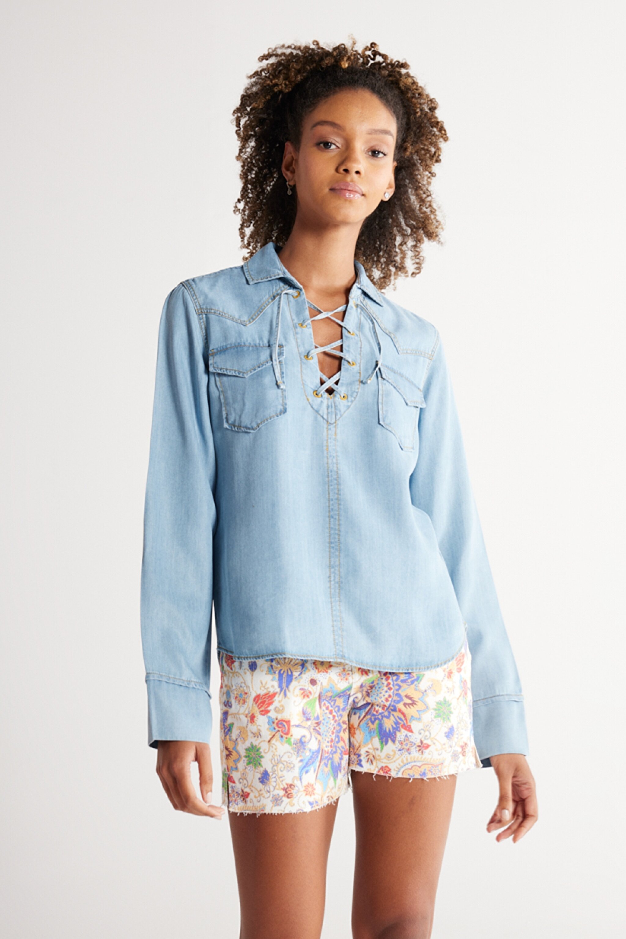 Regular Fit Normal Kesim Yakası Bağcıklı Açık Mavi Jean Kot Gömlek - Light Blue-W231684404