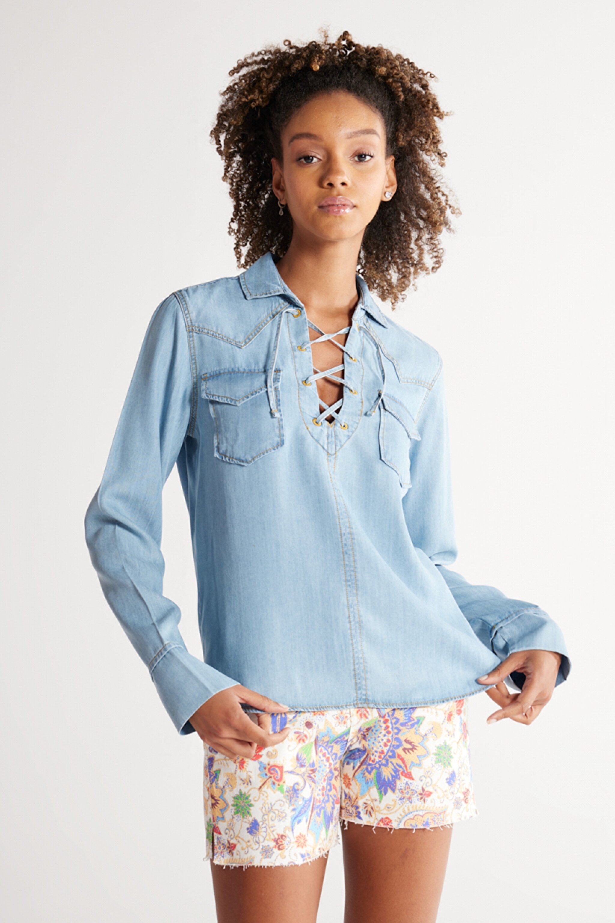 Regular Fit Normal Kesim Yakası Bağcıklı Açık Mavi Jean Kot Gömlek - Light Blue-W231684404 (görsel 2)