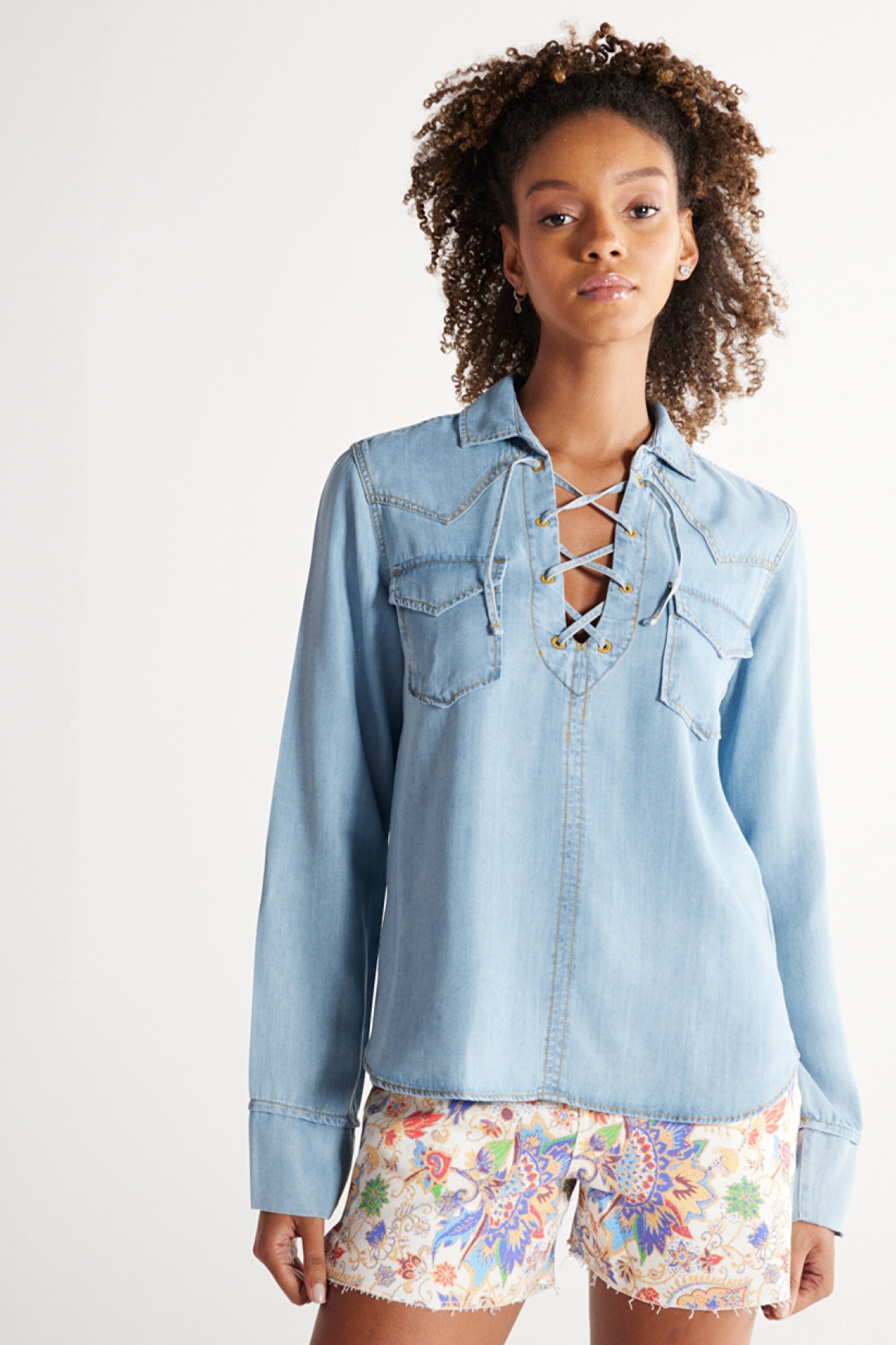 Regular Fit Normal Kesim Yakası Bağcıklı Açık Mavi Jean Kot Gömlek - Light Blue-W231684404 (görsel 4)