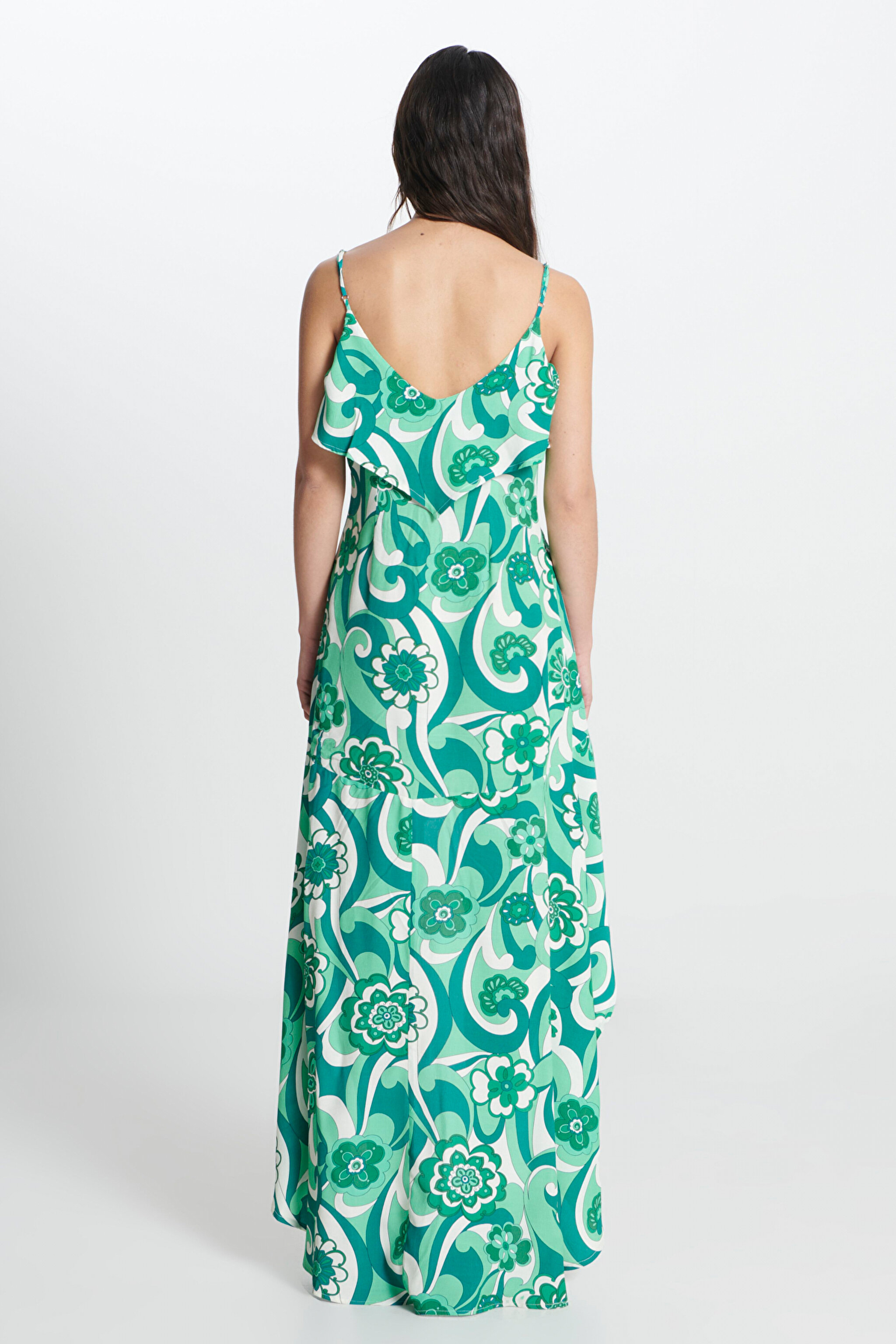 Regular Fit Normal Kesim Askılı Desenli Fırfırlı Elbise - Green-W231747300 (görsel 5)