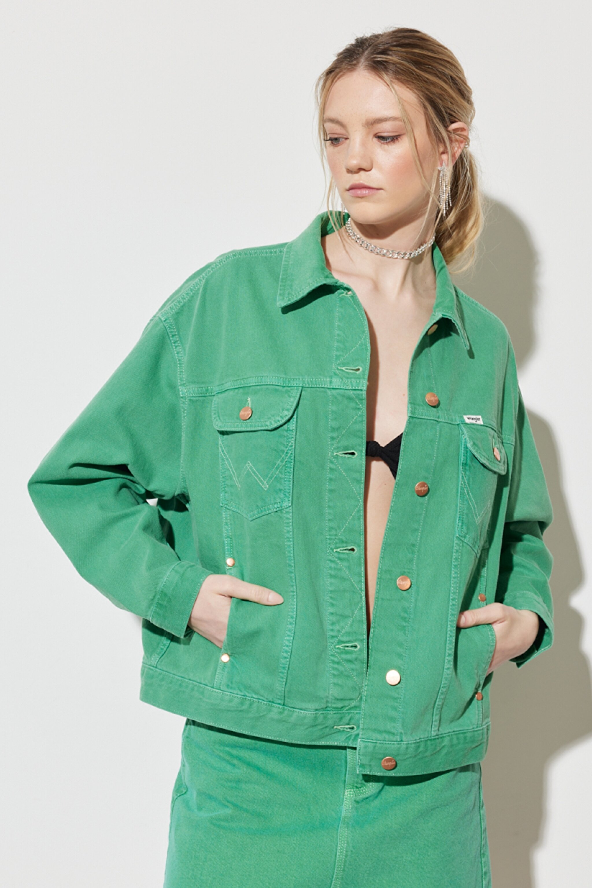Trucker Regular Fit Normal Kesim %100 Pamuk Yeşil Jean Kot Ceket - Bright Green-W231768G25