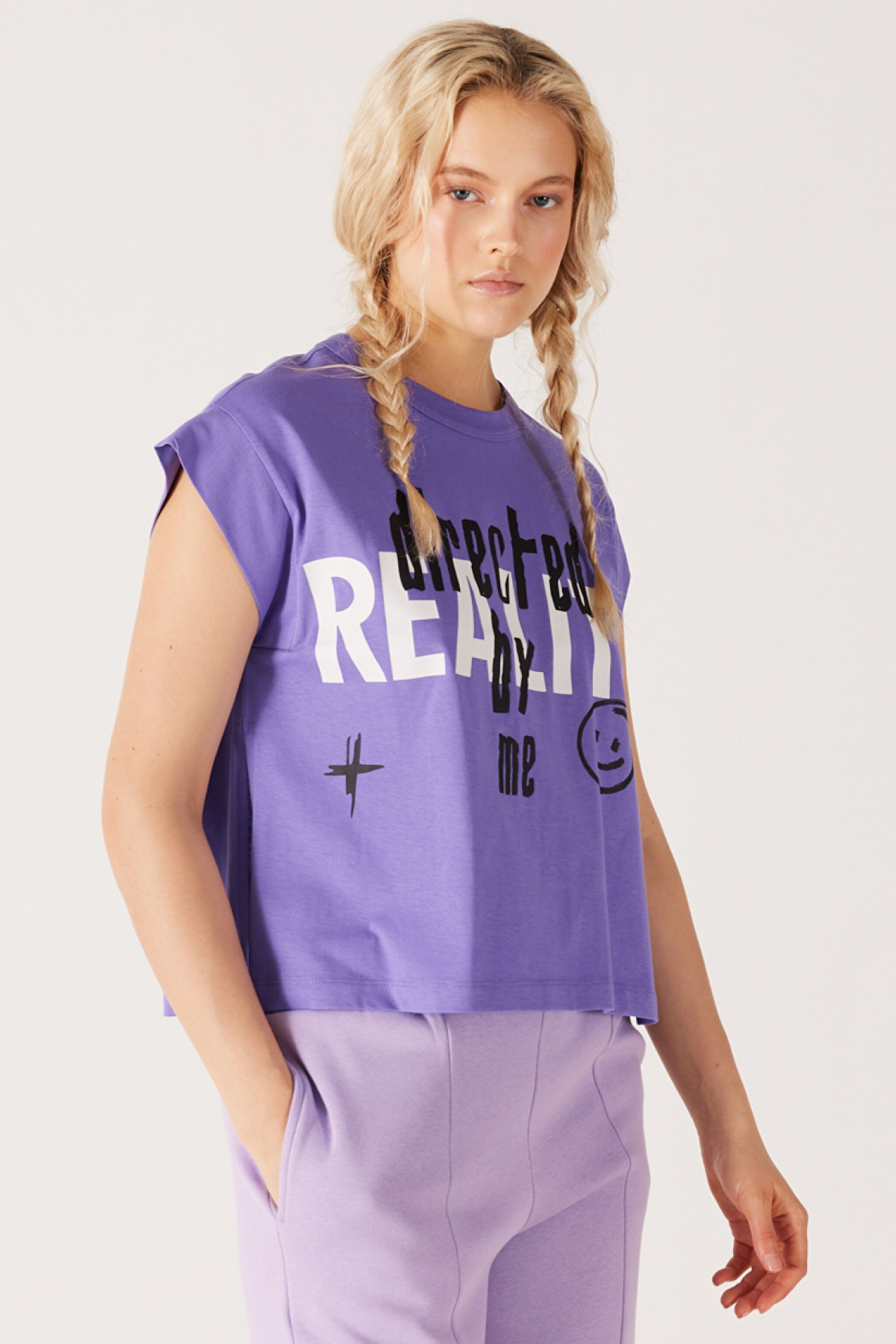 Regular Fit Normal Kesim %100 Pamuk Bisiklet Yaka Lila Tişört - Purple-W231809499 (görsel 2)