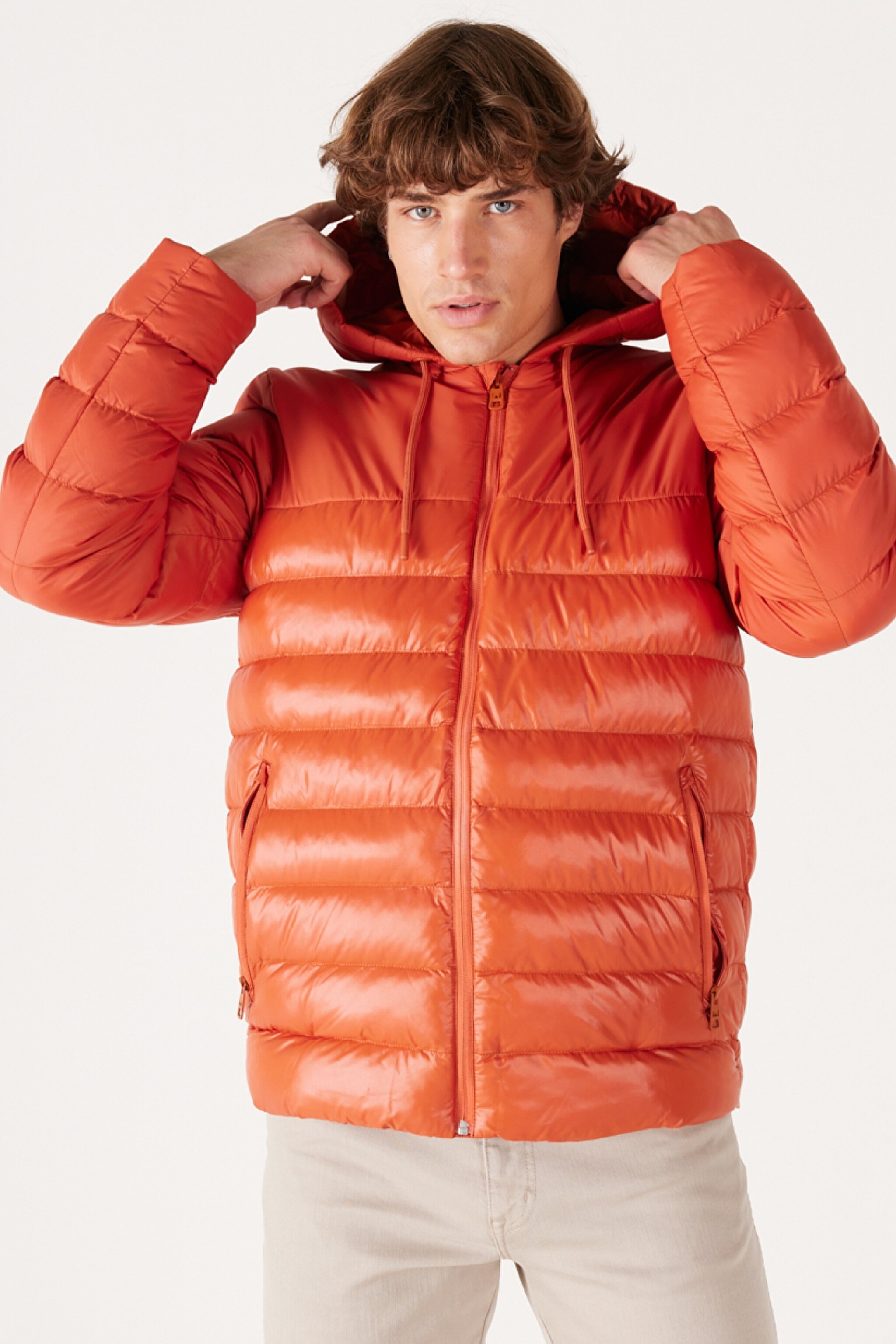 Regular Fit Normal Kesim Kapüşonlu Turuncu Şişme Mont - Orange-W232008700