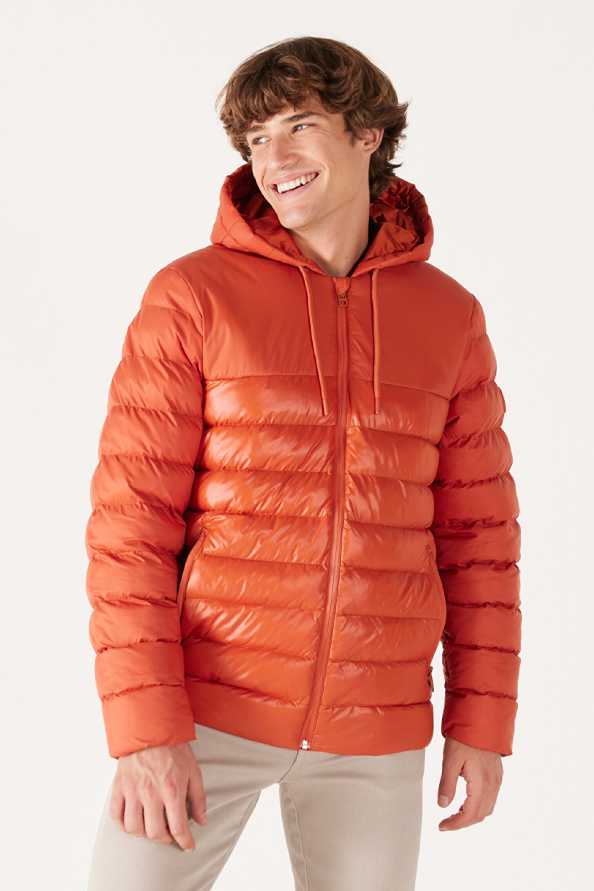 Regular Fit Normal Kesim Kapüşonlu Turuncu Şişme Mont - Orange-W232008700 (görsel 2)