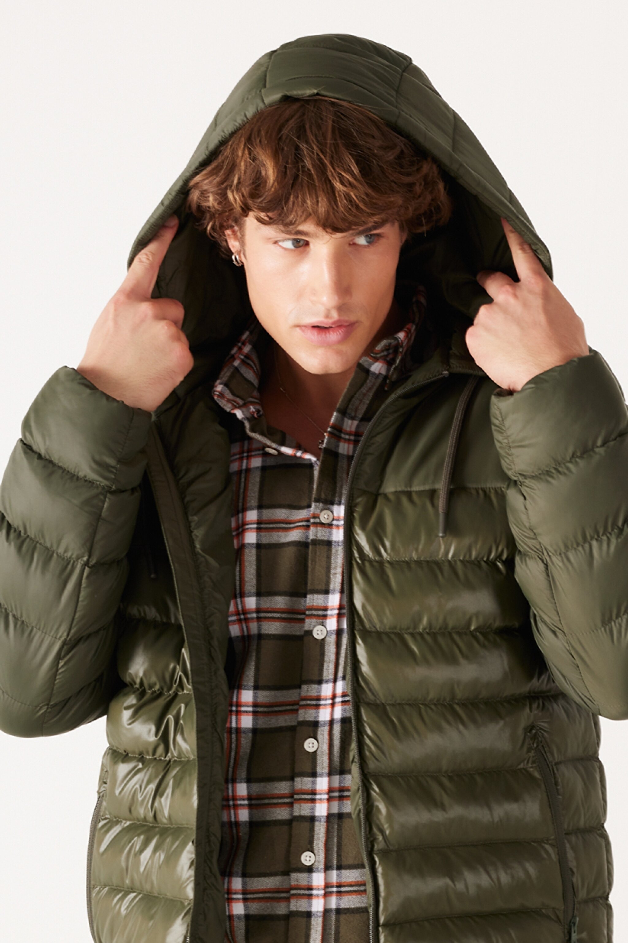 Regular Fit Normal Kesim Kapüşonlu Kapitone Haki Şişme Mont - Khaki-W232008801 (görsel 3)