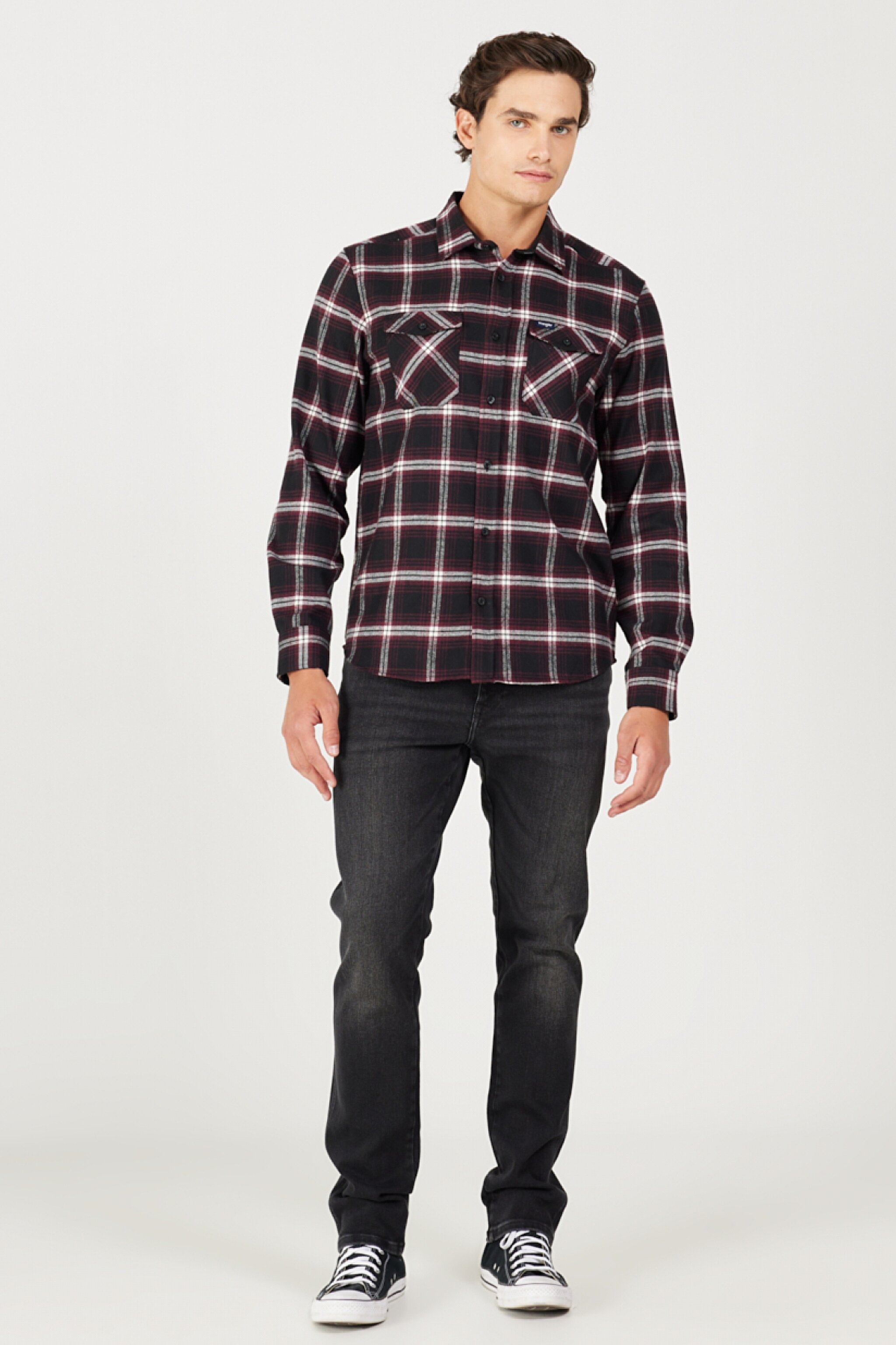 Regular Fit Normal Kesim %100 Pamuk Şardonlu Siyah Bordo Gömlek - Purple-W232078499 (görsel 5)