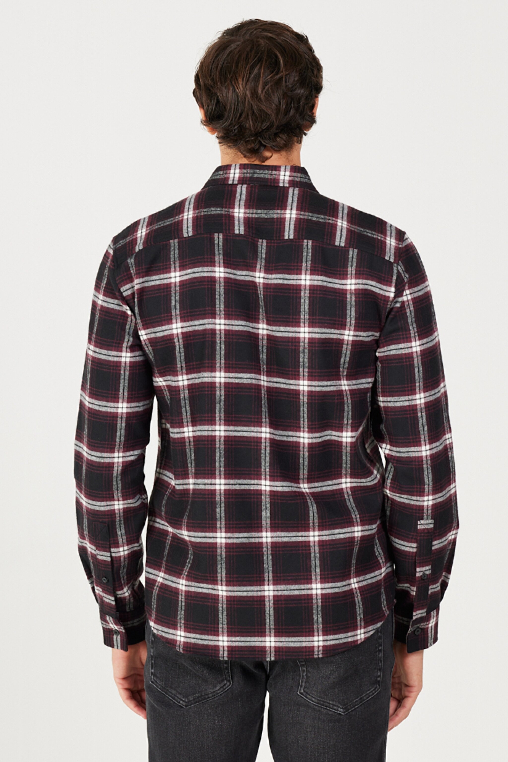 Regular Fit Normal Kesim %100 Pamuk Şardonlu Siyah Bordo Gömlek - Purple-W232078499 (görsel 6)