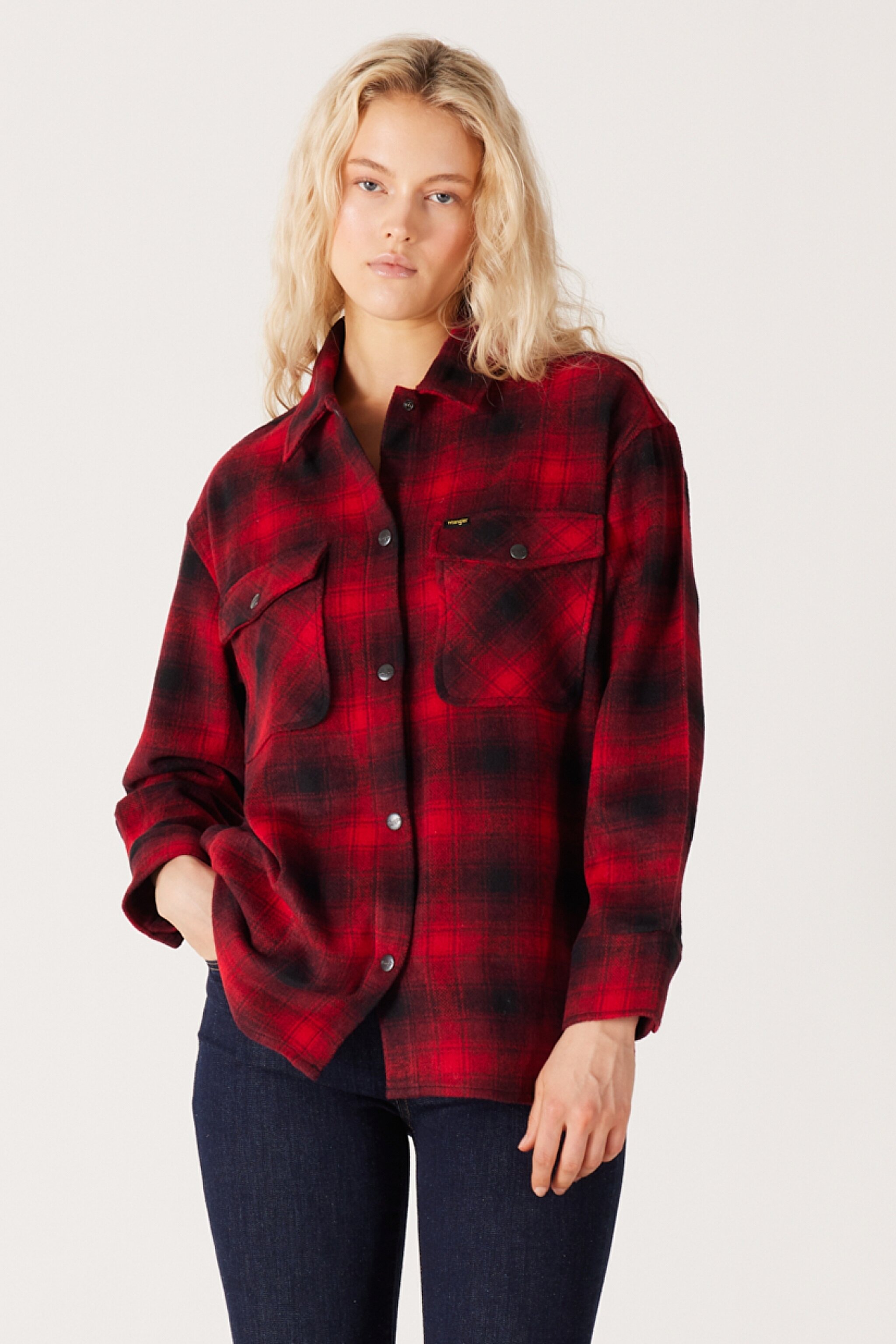 Oversize Fit Geniş Kesim Yün Karışımlı Cep Detaylı Kırmızı Gömlek