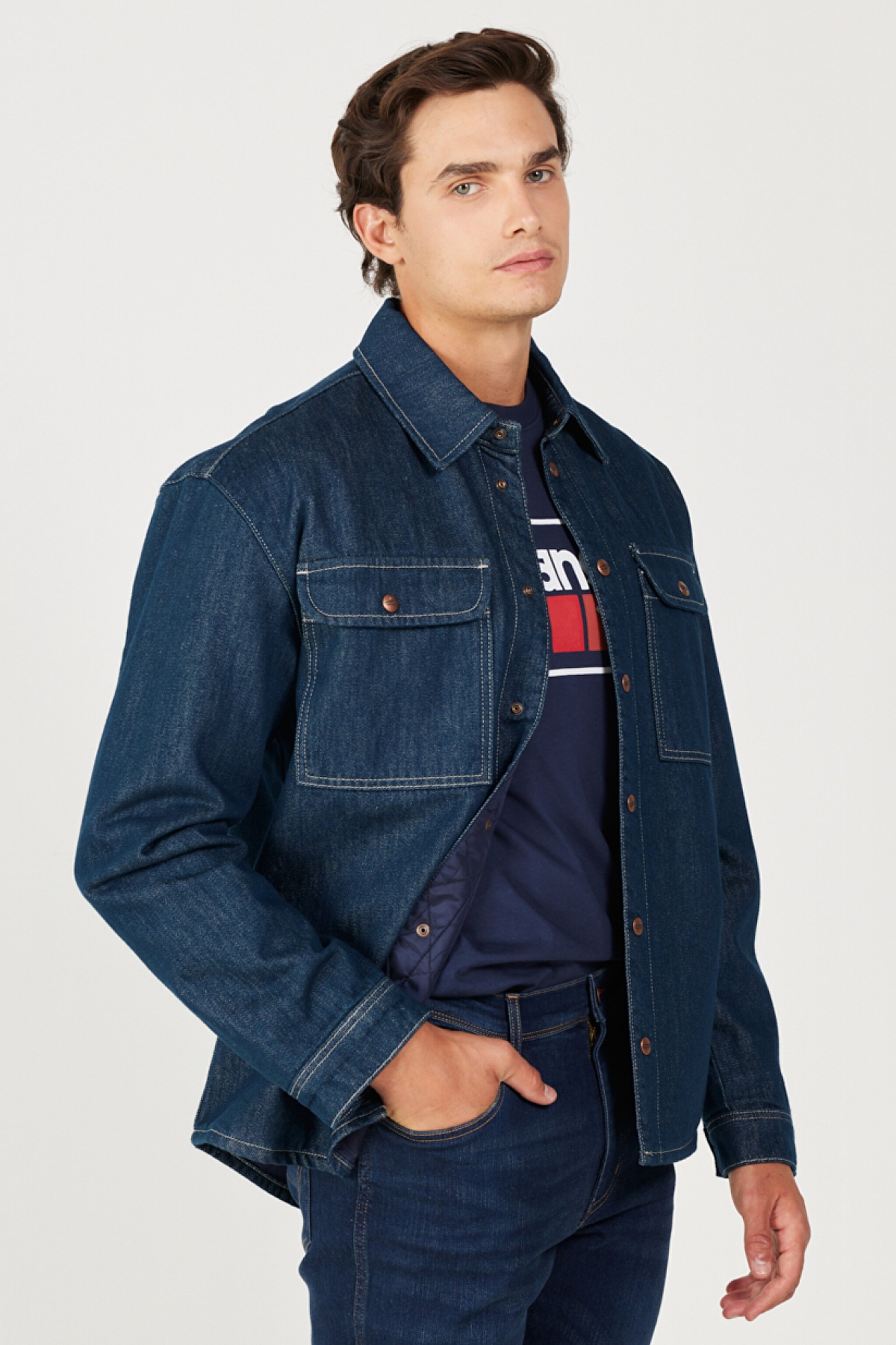 Loose Fit Rahat Kesim %100 Pamuk Koyu Mavi Uzun Kollu Jean Kot Gömlek - Rinse-W23212236 (görsel 2)