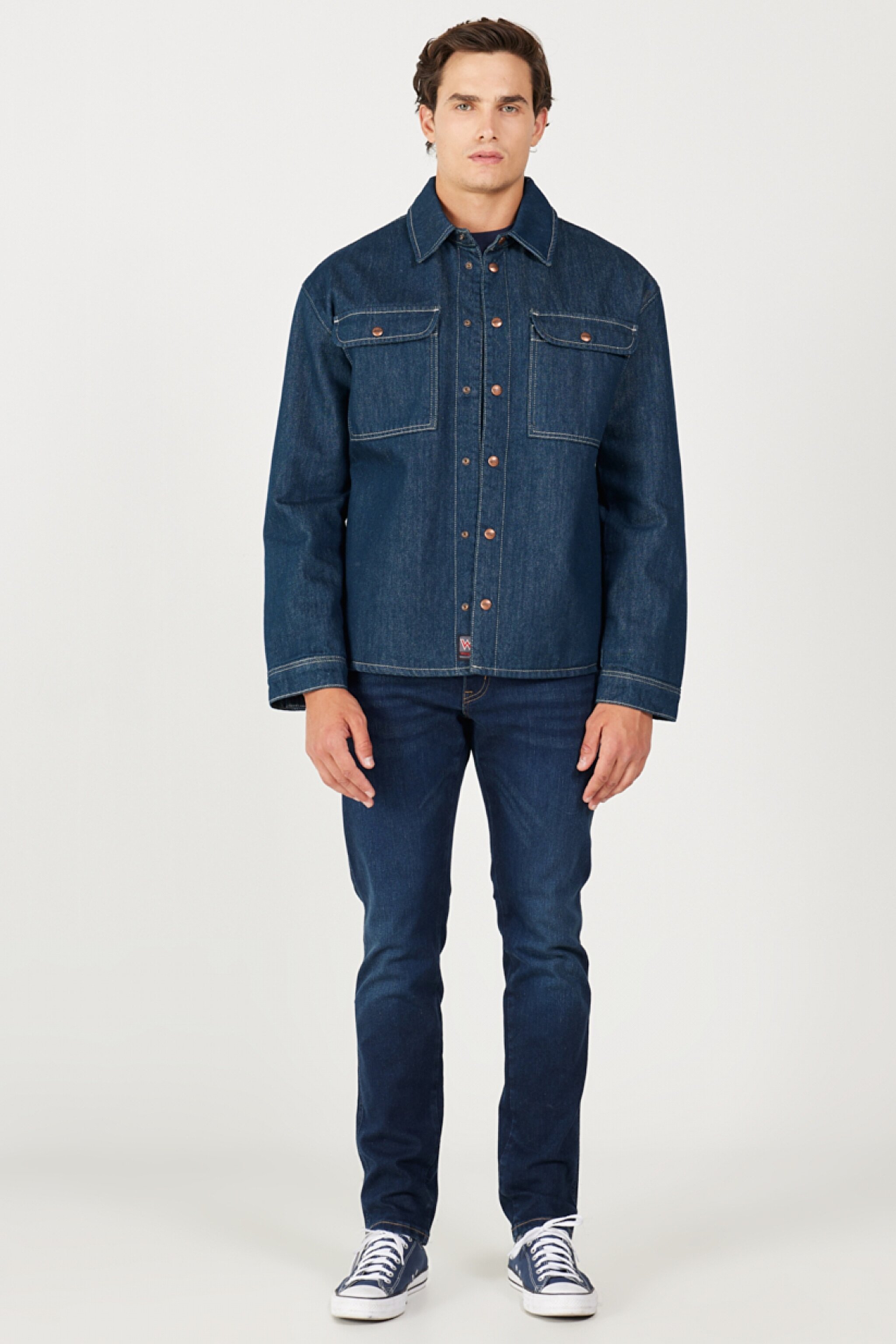 Loose Fit Rahat Kesim %100 Pamuk Koyu Mavi Uzun Kollu Jean Kot Gömlek - Rinse-W23212236 (görsel 5)