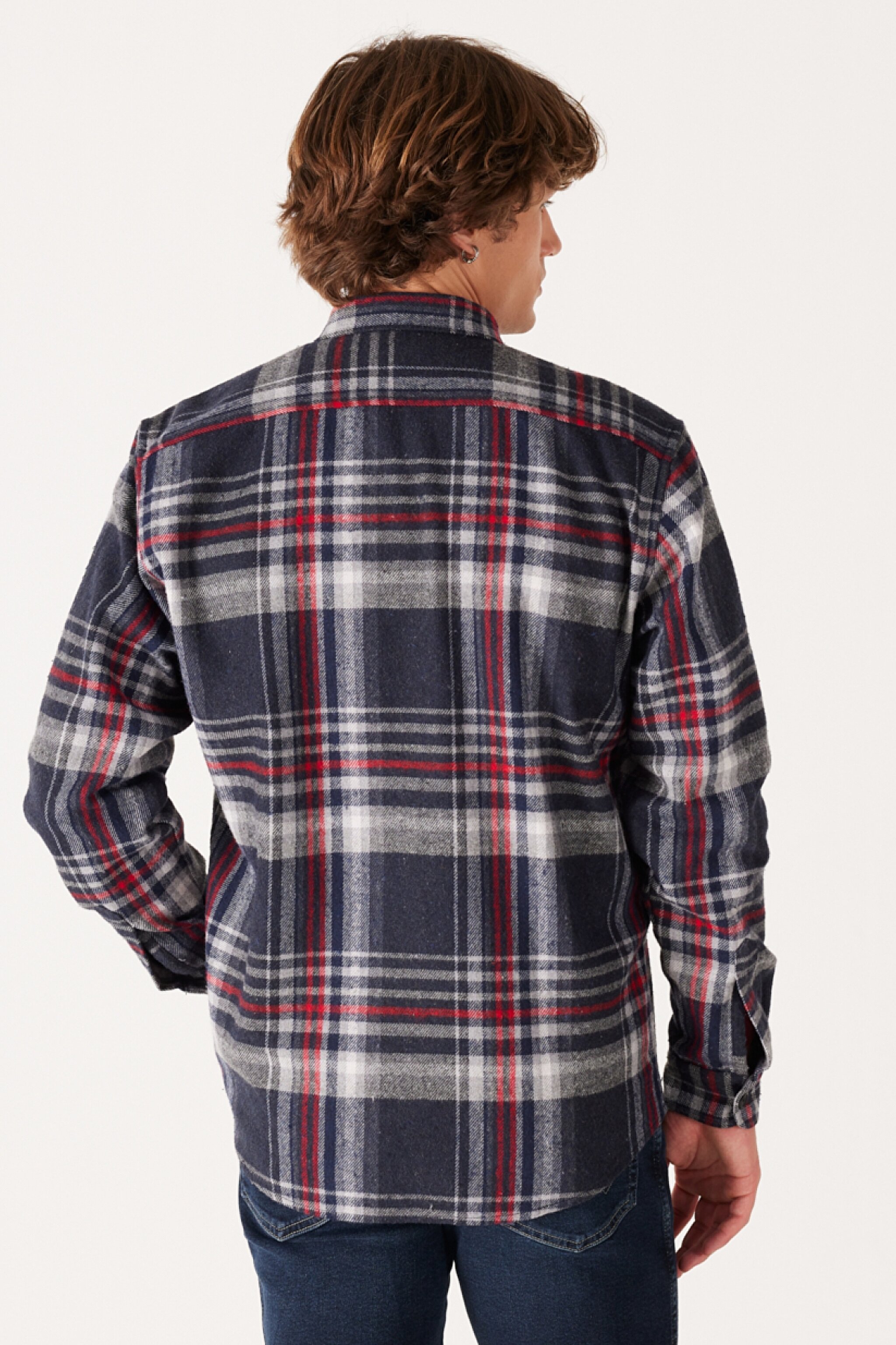 Relaxed Fit Geniş Kesim Ekoseli Şardonlu Kırmızı Uzun Kollu Gömlek - Anthracite-W232138003 (görsel 6)