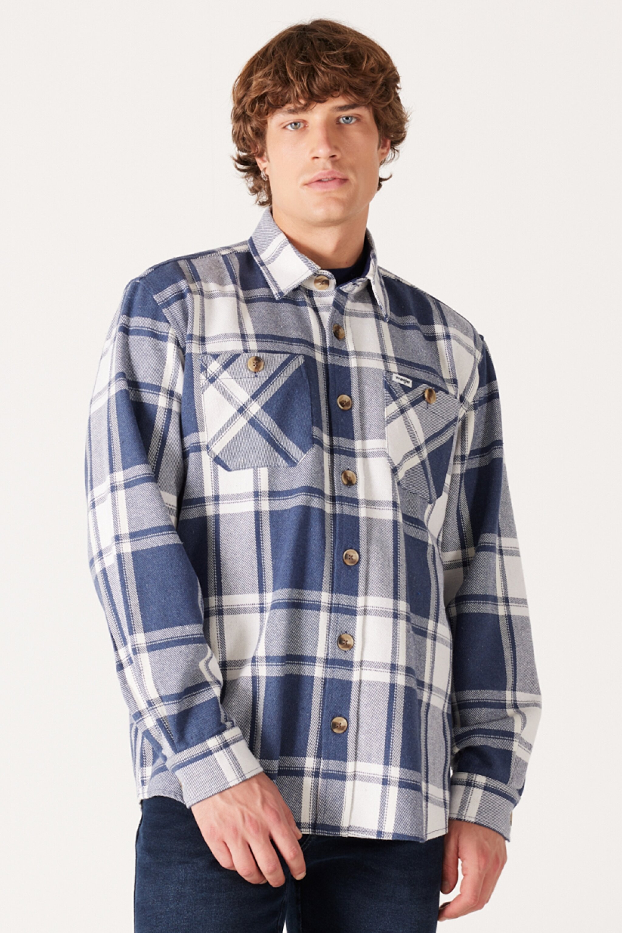 Loose Fit Rahat Kesim Şardonlu Ekose Mavi Uzun Kollu Gömlek