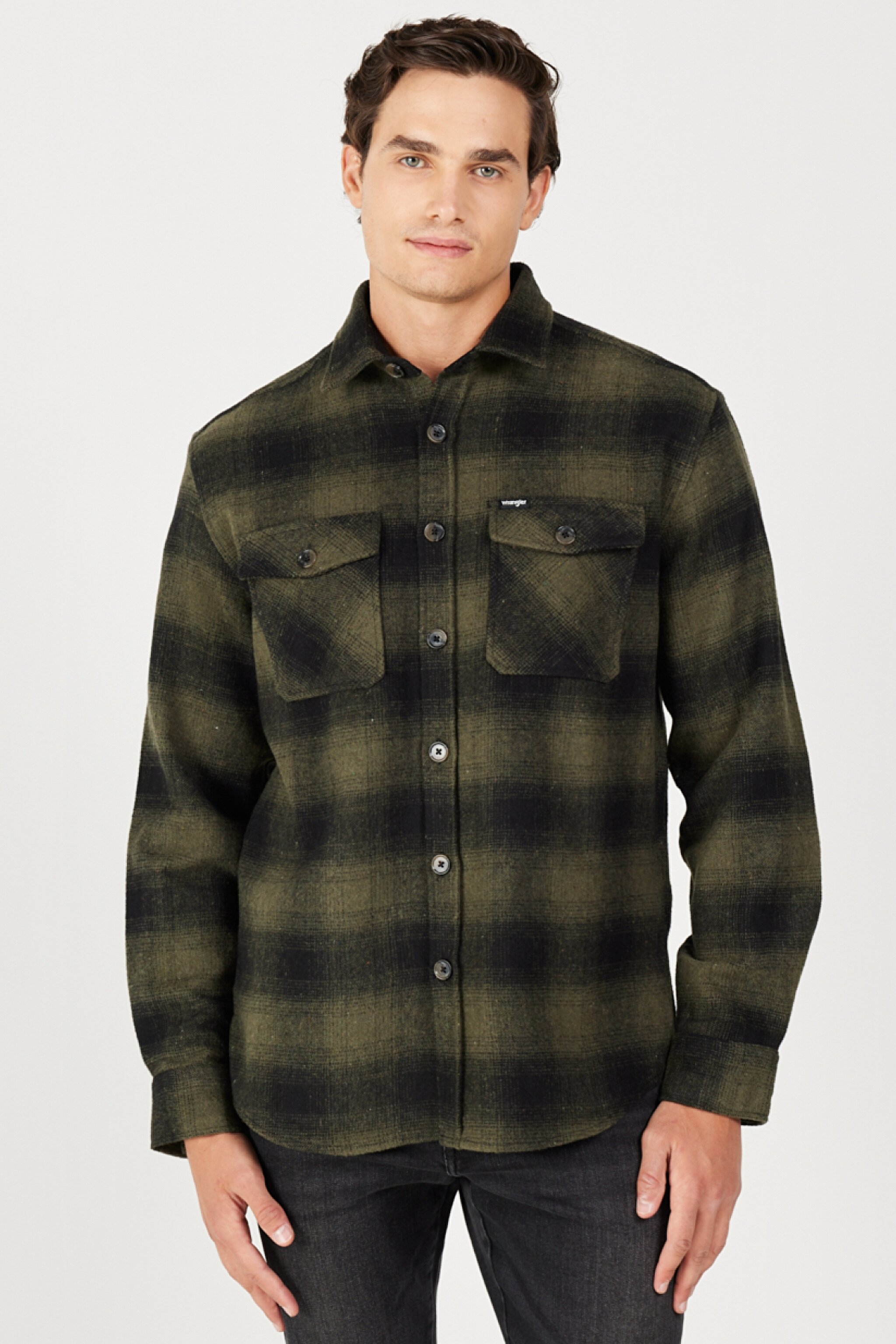 Loose Fit Rahat Kesim Haki Siyah Uzun Kollu Gömlek - Khaki-W232144801