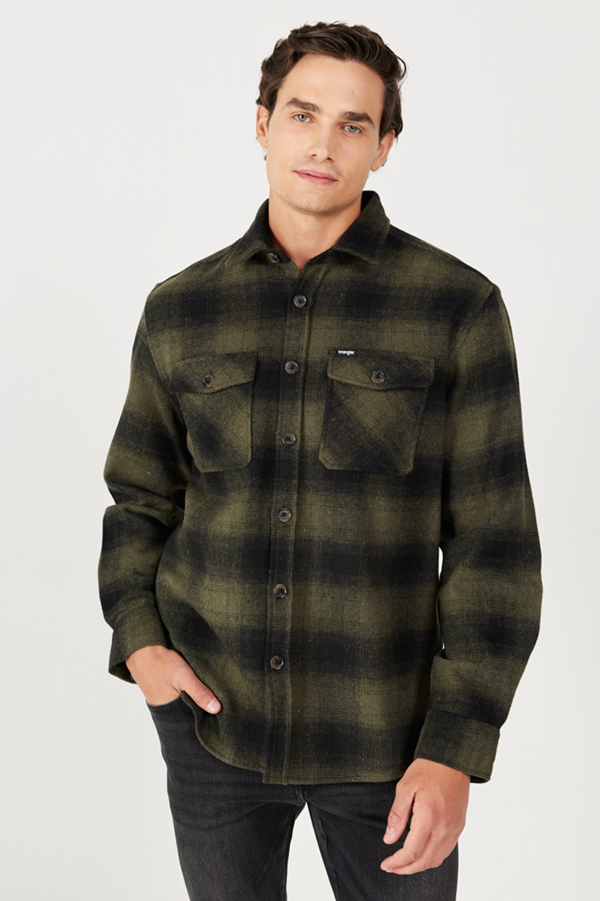 Loose Fit Rahat Kesim Haki Siyah Uzun Kollu Gömlek - Khaki-W232144801 (görsel 2)