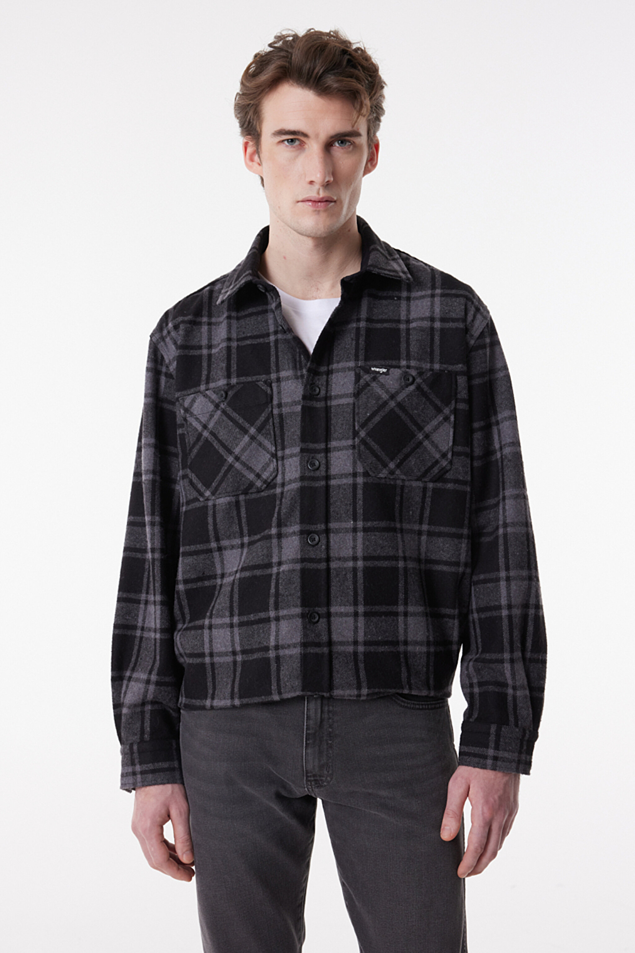 Loose Fit Rahat Kesim Ekoseli Şardonlu Gri Uzun Kollu Gömlek - Black-W232145001