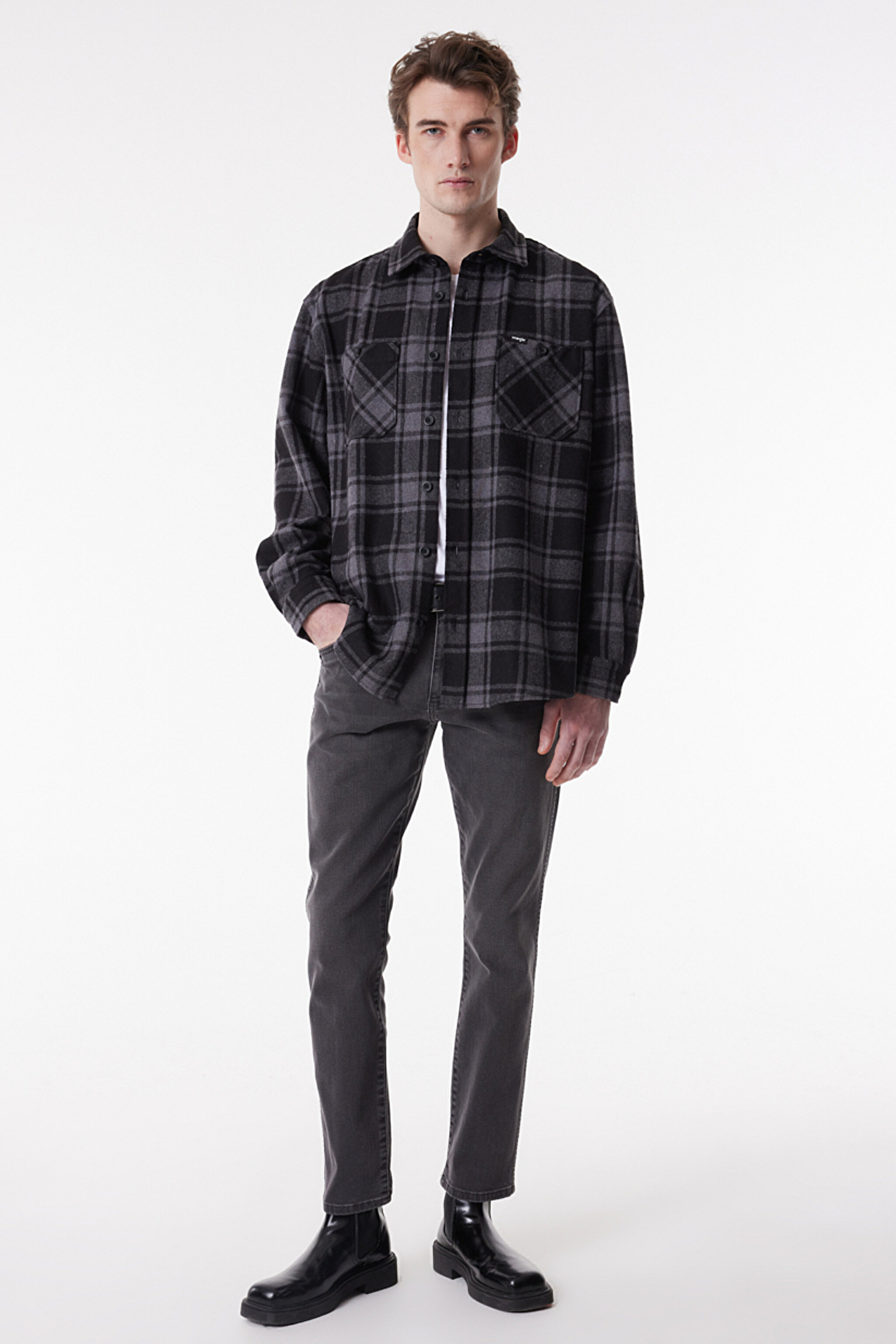 Loose Fit Rahat Kesim Ekoseli Şardonlu Gri Uzun Kollu Gömlek - Black-W232145001 (görsel 2)