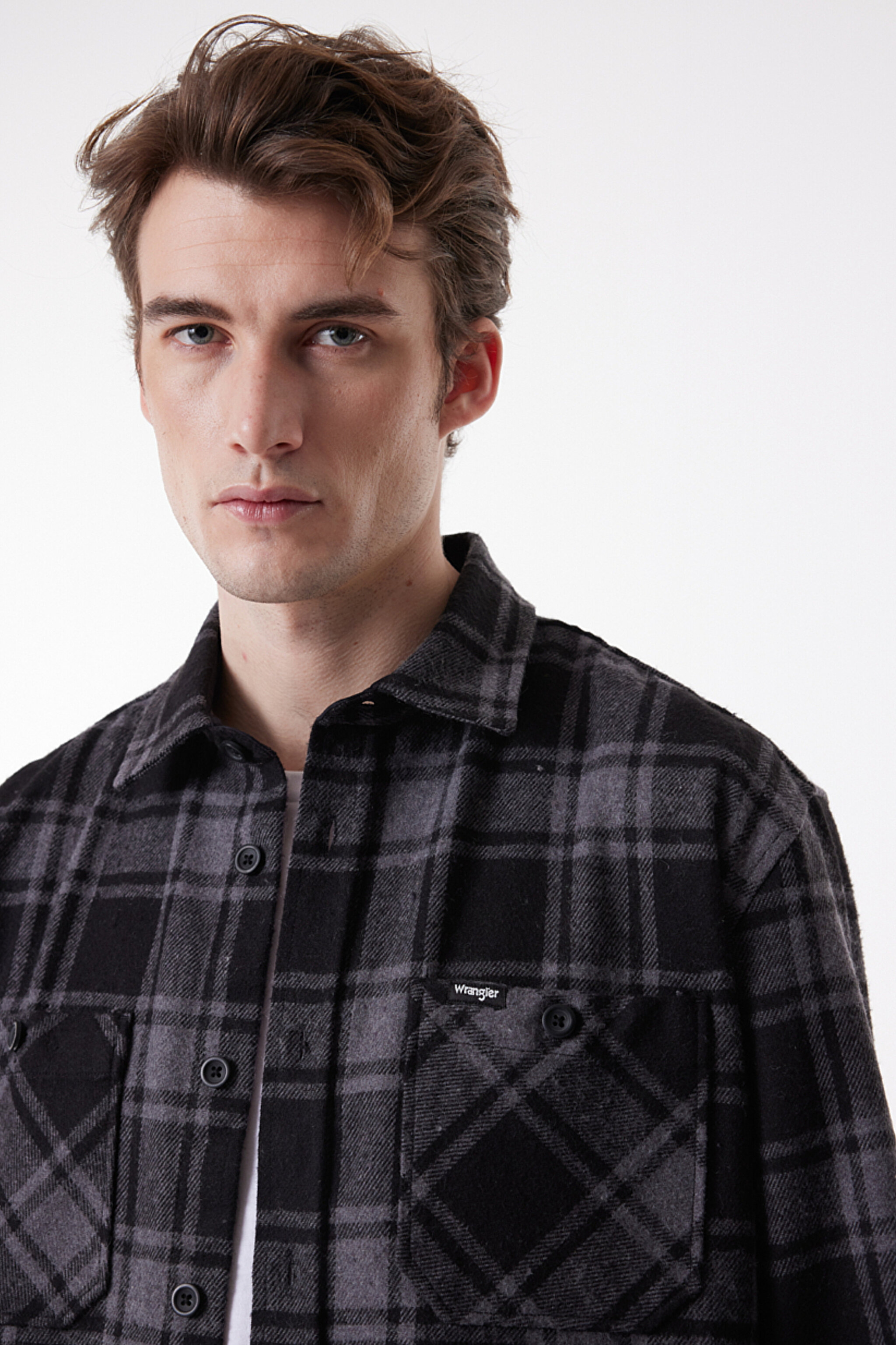 Loose Fit Rahat Kesim Ekoseli Şardonlu Gri Uzun Kollu Gömlek - Black-W232145001 (görsel 3)