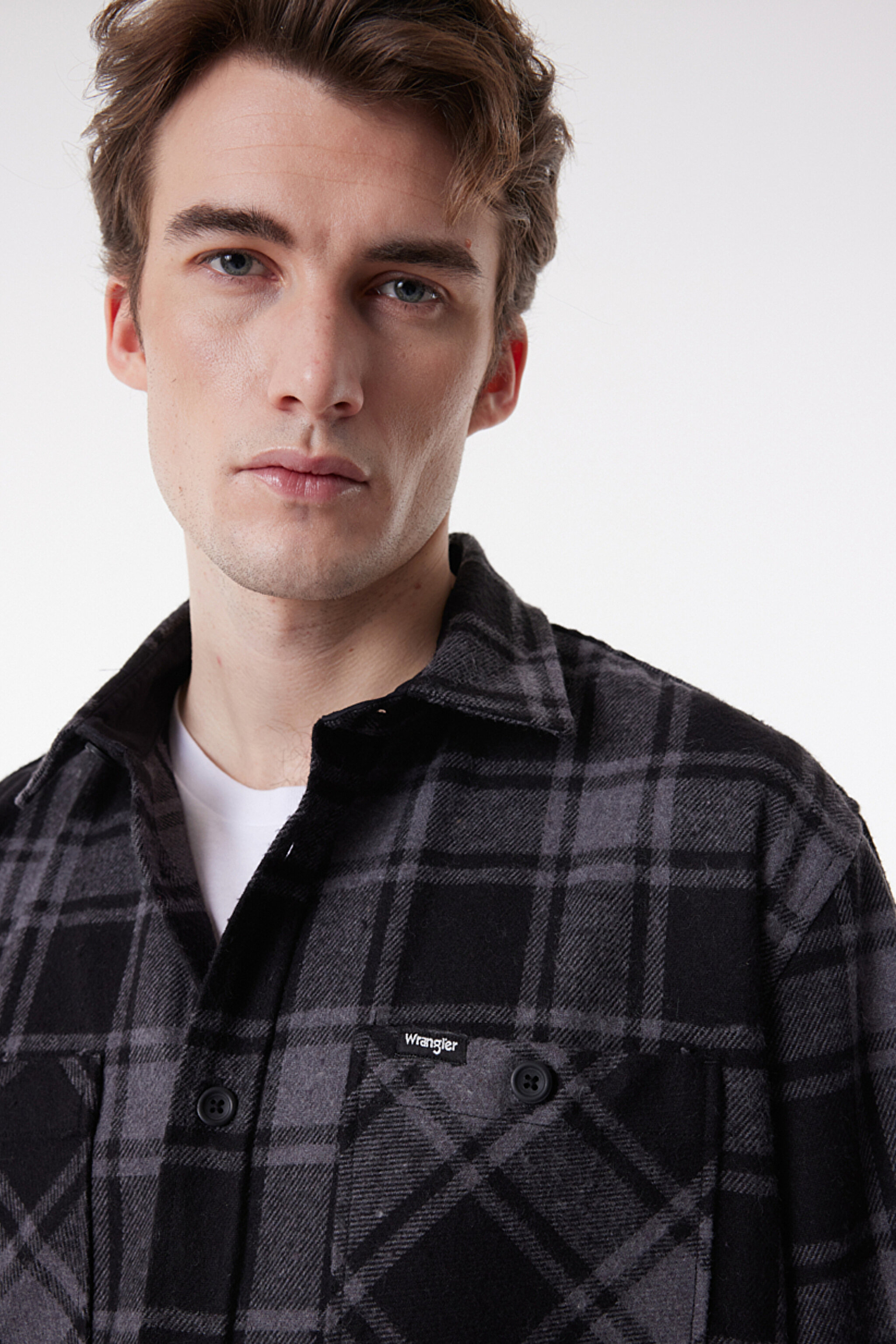 Loose Fit Rahat Kesim Ekoseli Şardonlu Gri Uzun Kollu Gömlek - Black-W232145001 (görsel 5)