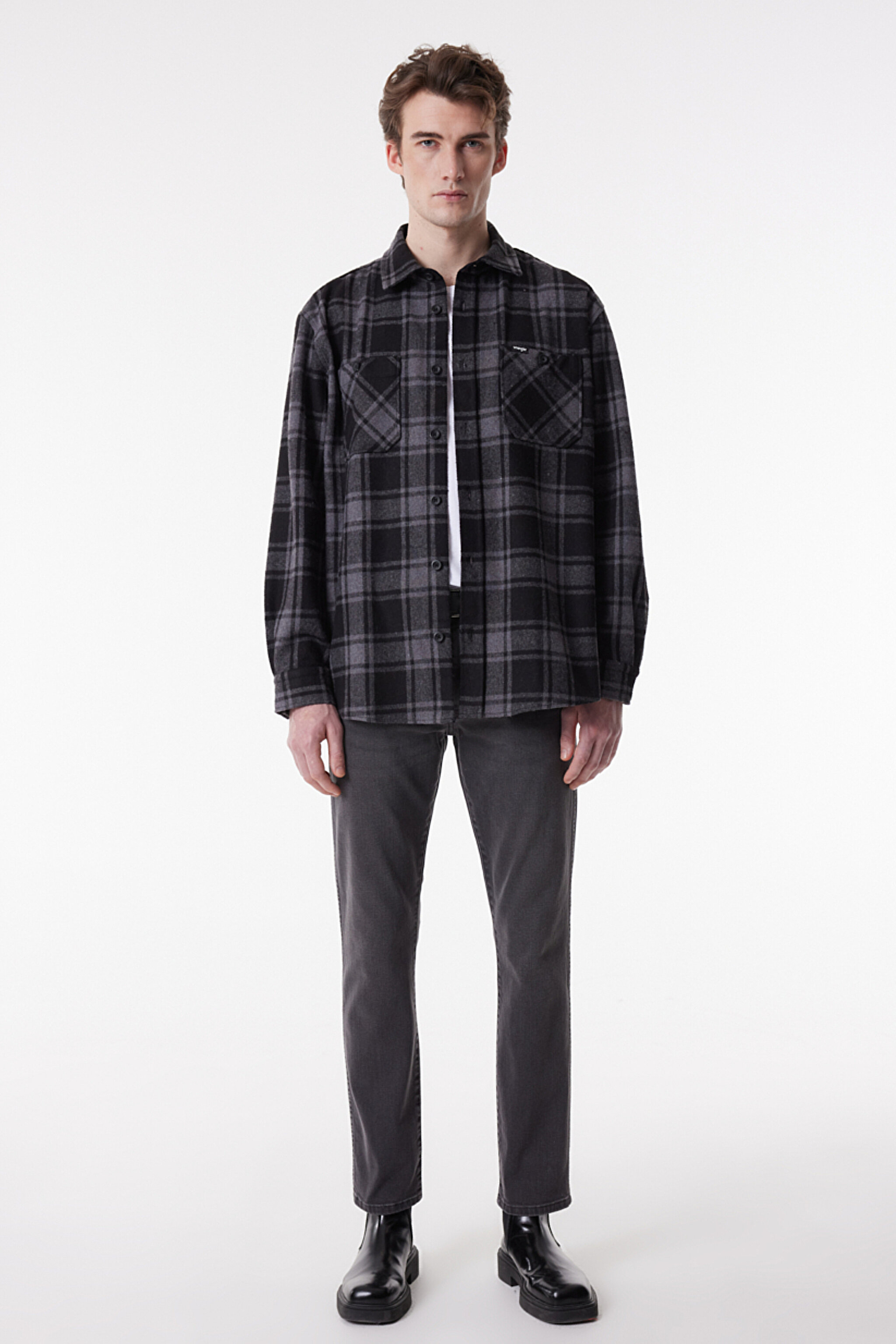 Loose Fit Rahat Kesim Ekoseli Şardonlu Gri Uzun Kollu Gömlek - Black-W232145001 (görsel 6)